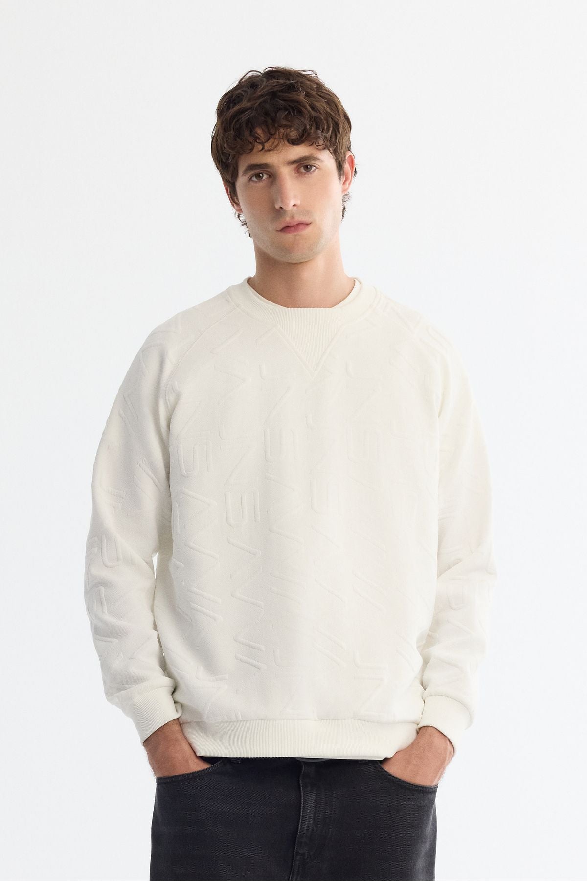 Male Ecru Bicycle Collar Printed Sweatshirt A42y1335