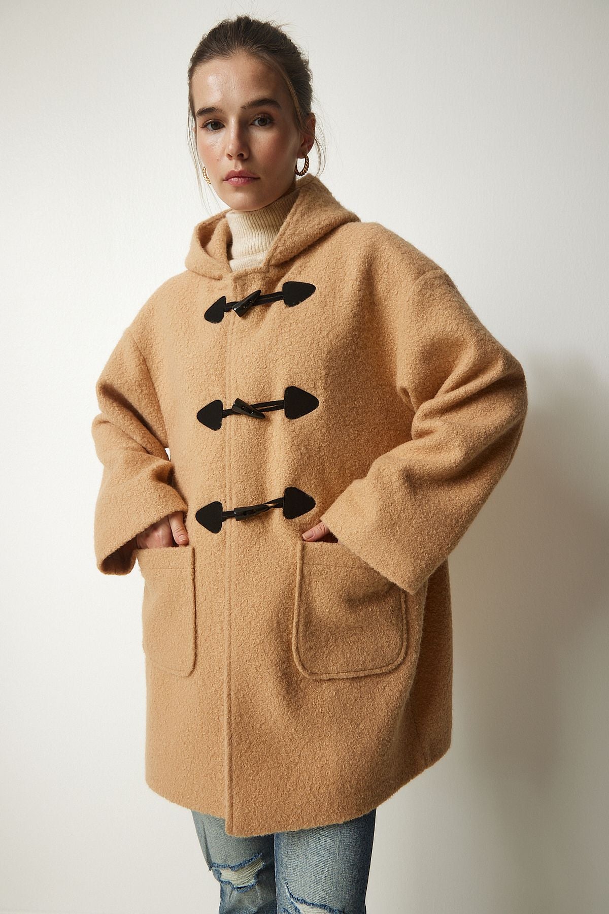 Female Biscuit Shepherd Buttoned Hooded Bouquet Coat to00117