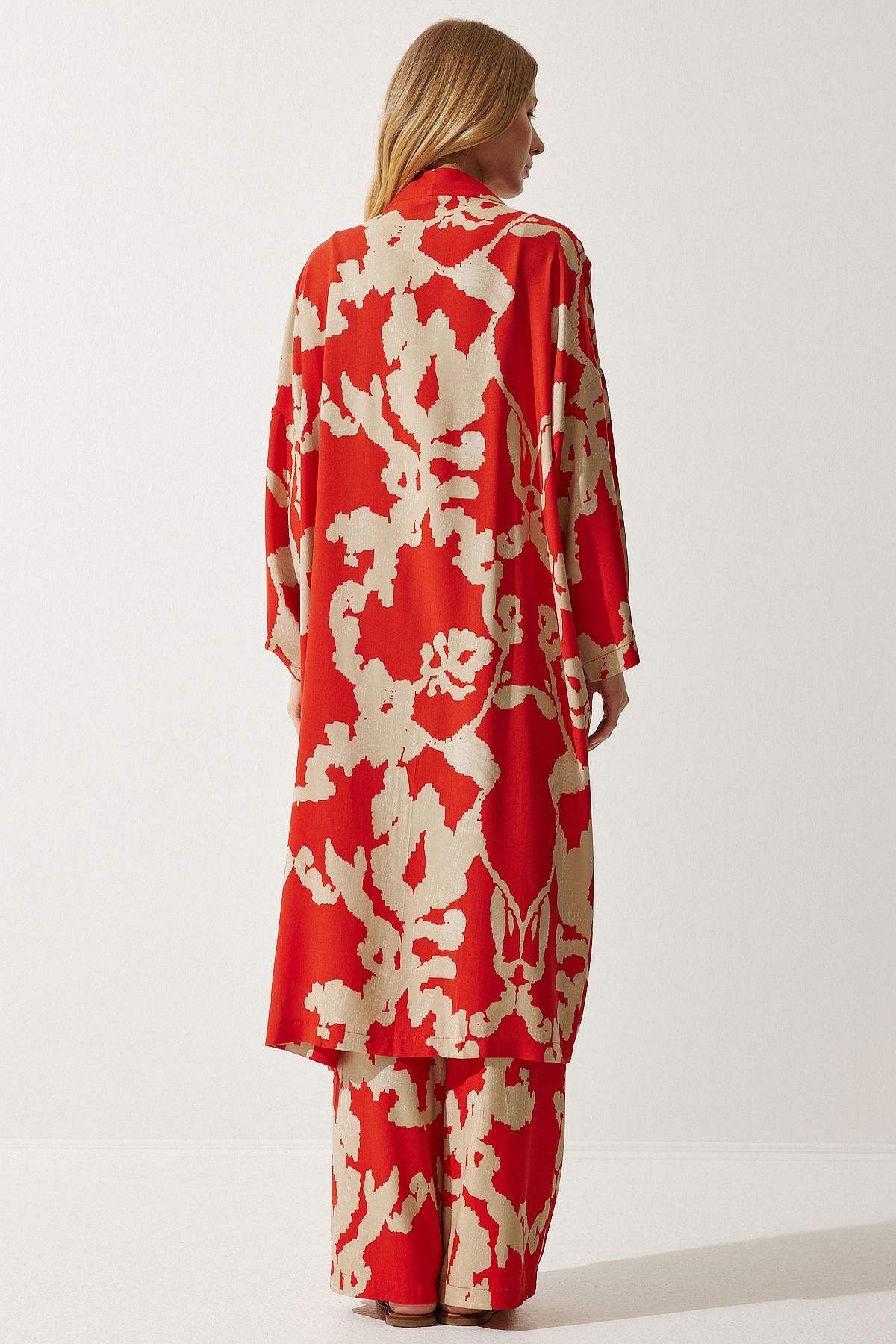 Female Oranj Beige Patterned Viscose Kimono Palazzo Pants Set CI00086