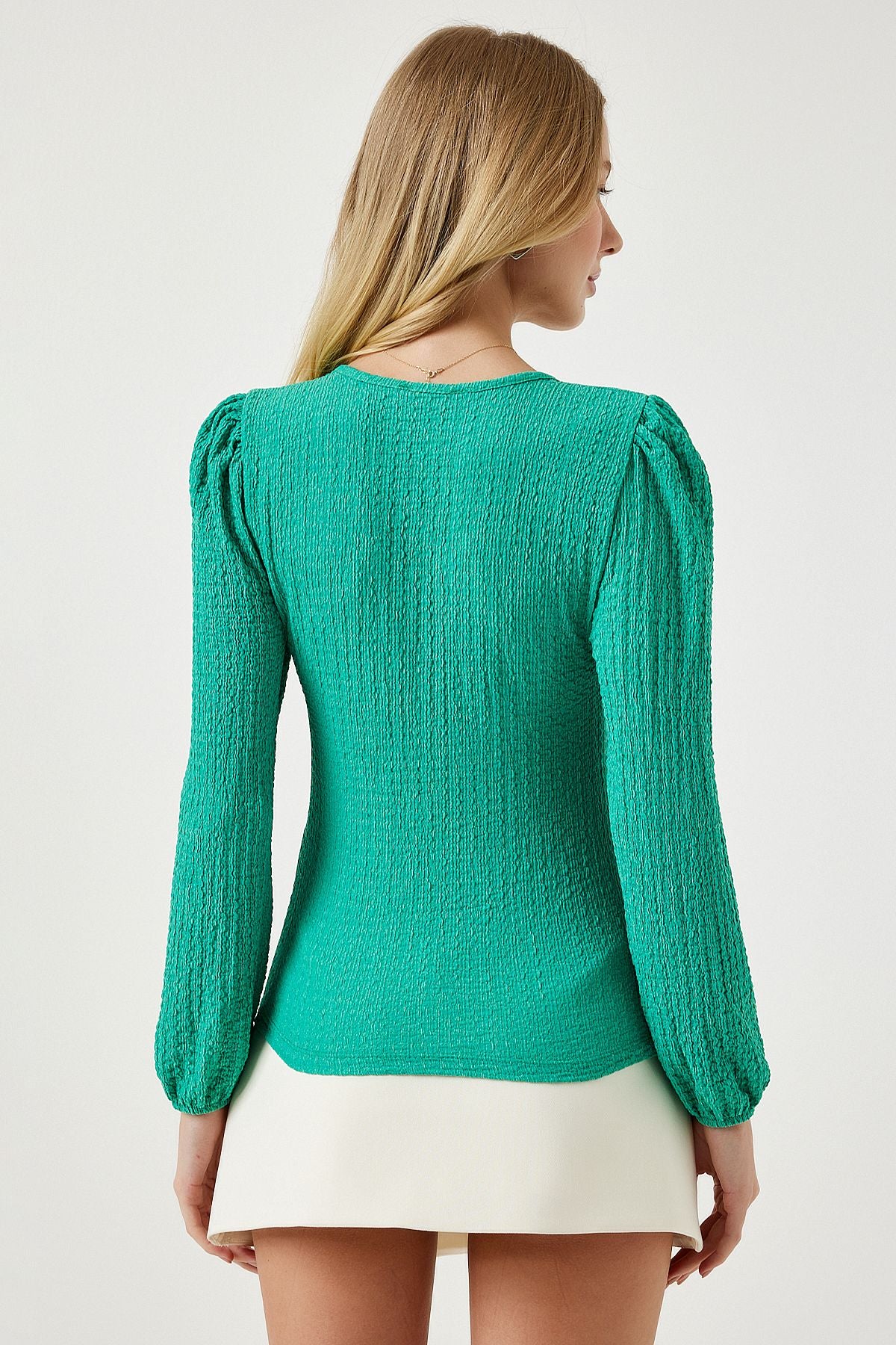 Female green square collar textured knitted blouse DD01111