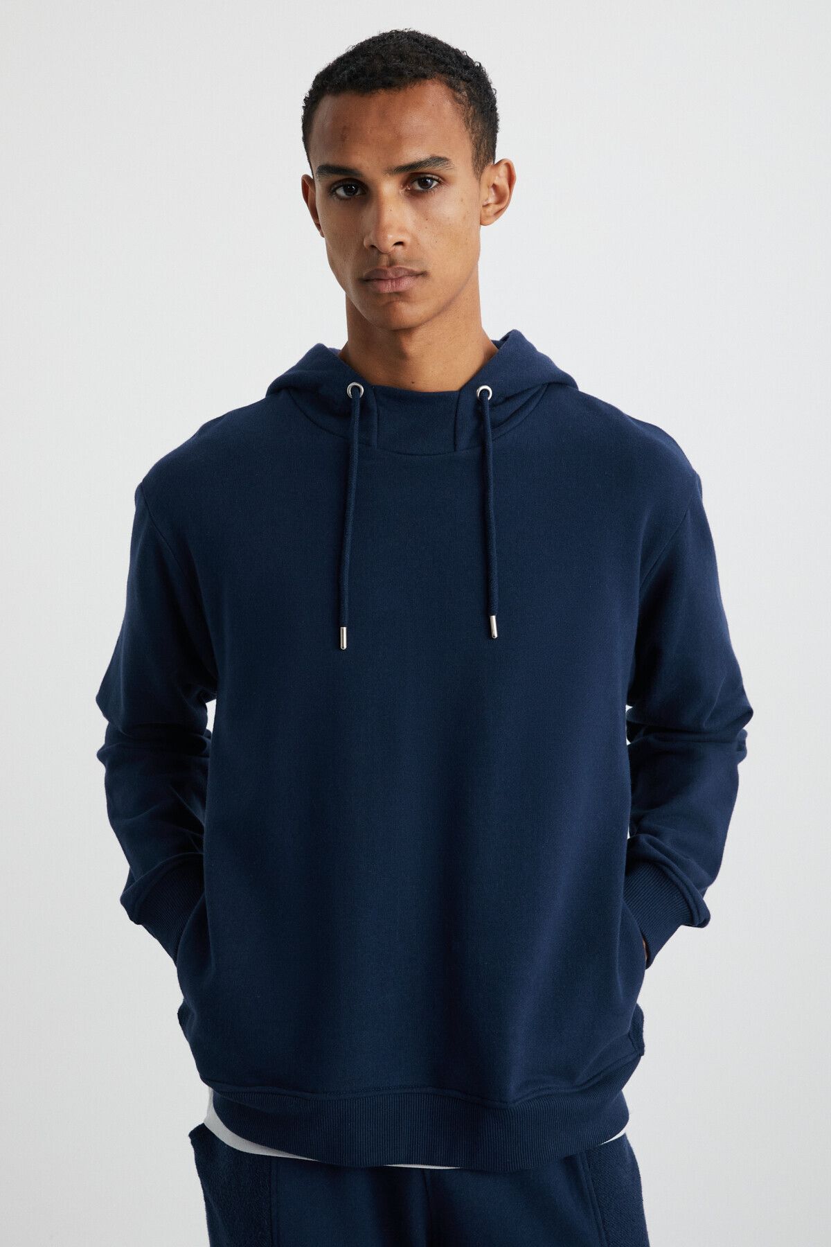 Alessio Men's 100 %Cotton Hoped Cord Detailed Oversize Fit Navy Blue Sweatshirt