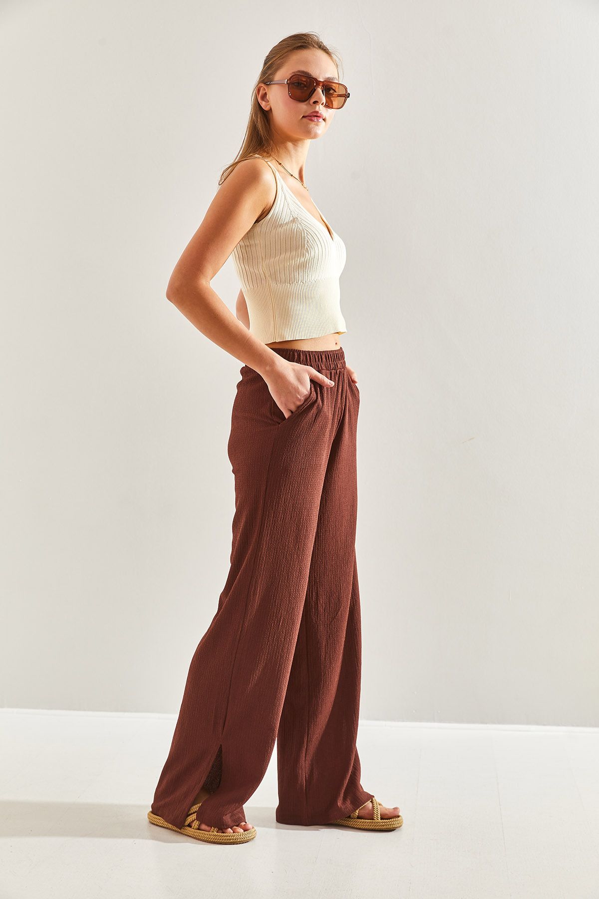 Women's waist rubber palazzo side slit trousers 60171010