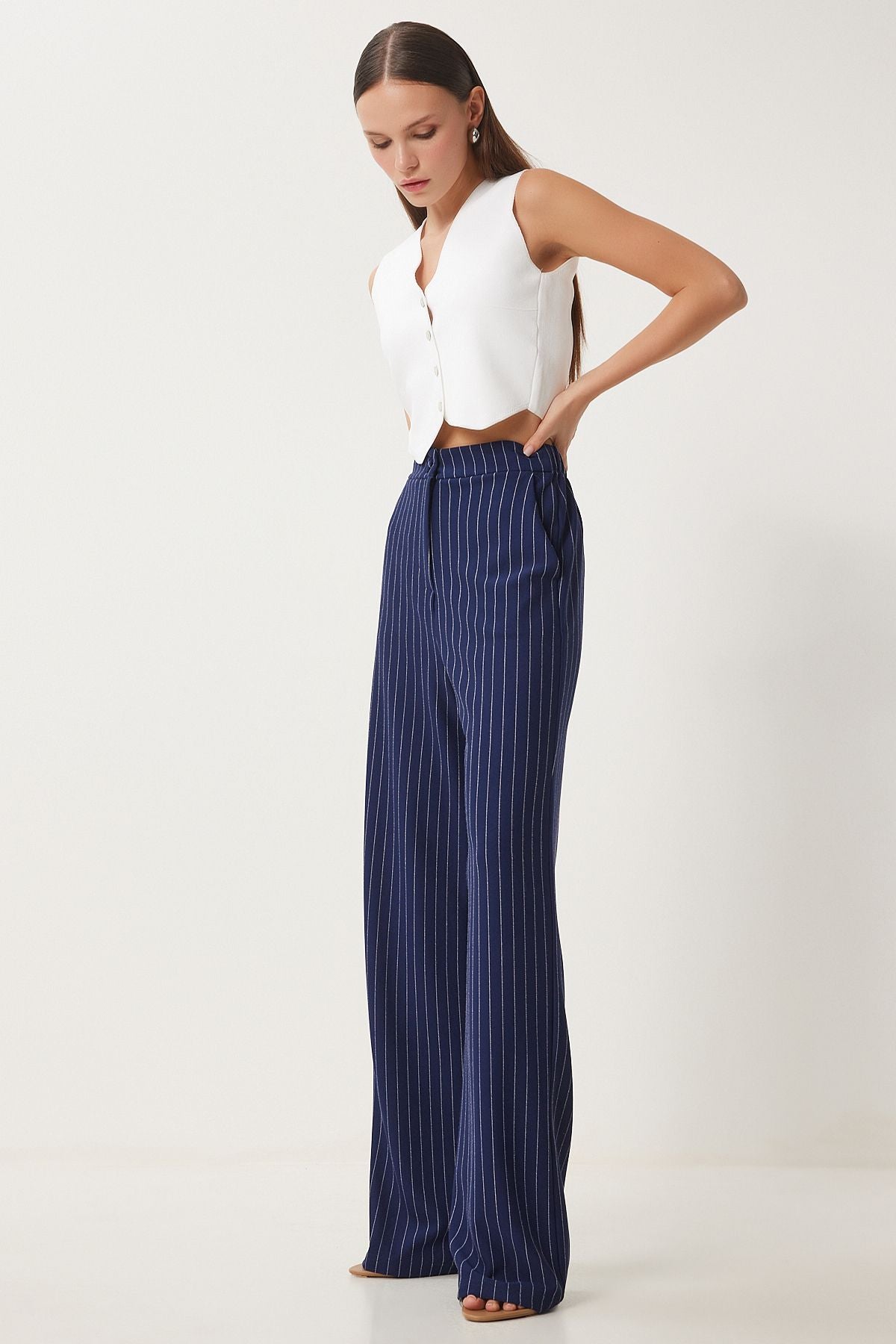 Woman navy blue striped comfortable weaving pants to00158