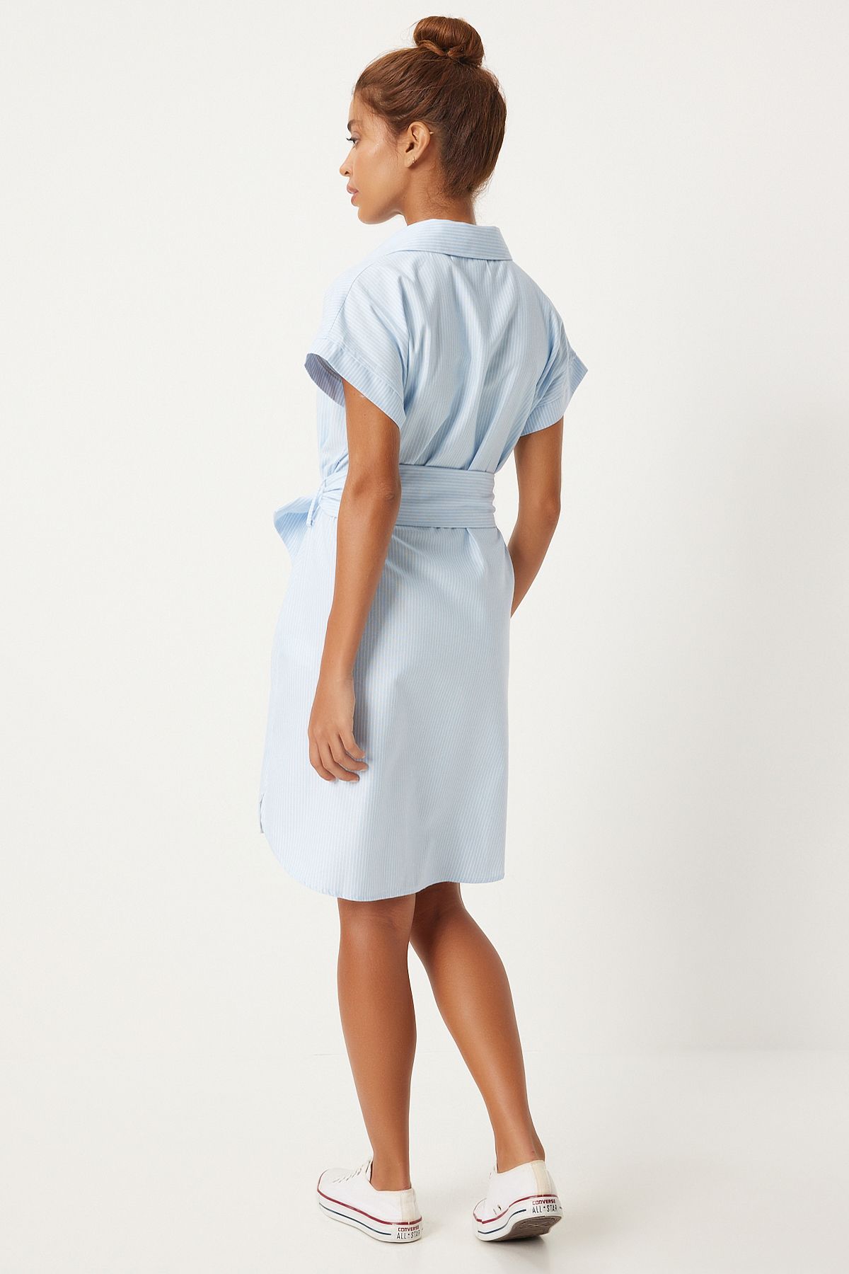 Woman Blue White Belt Striped Shirt Dress FN03252