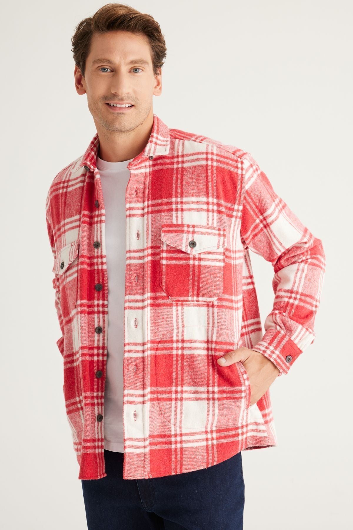 Men's Red Ecru Oversiz plenty of cut buttoned collar checkered winter shirt jacket