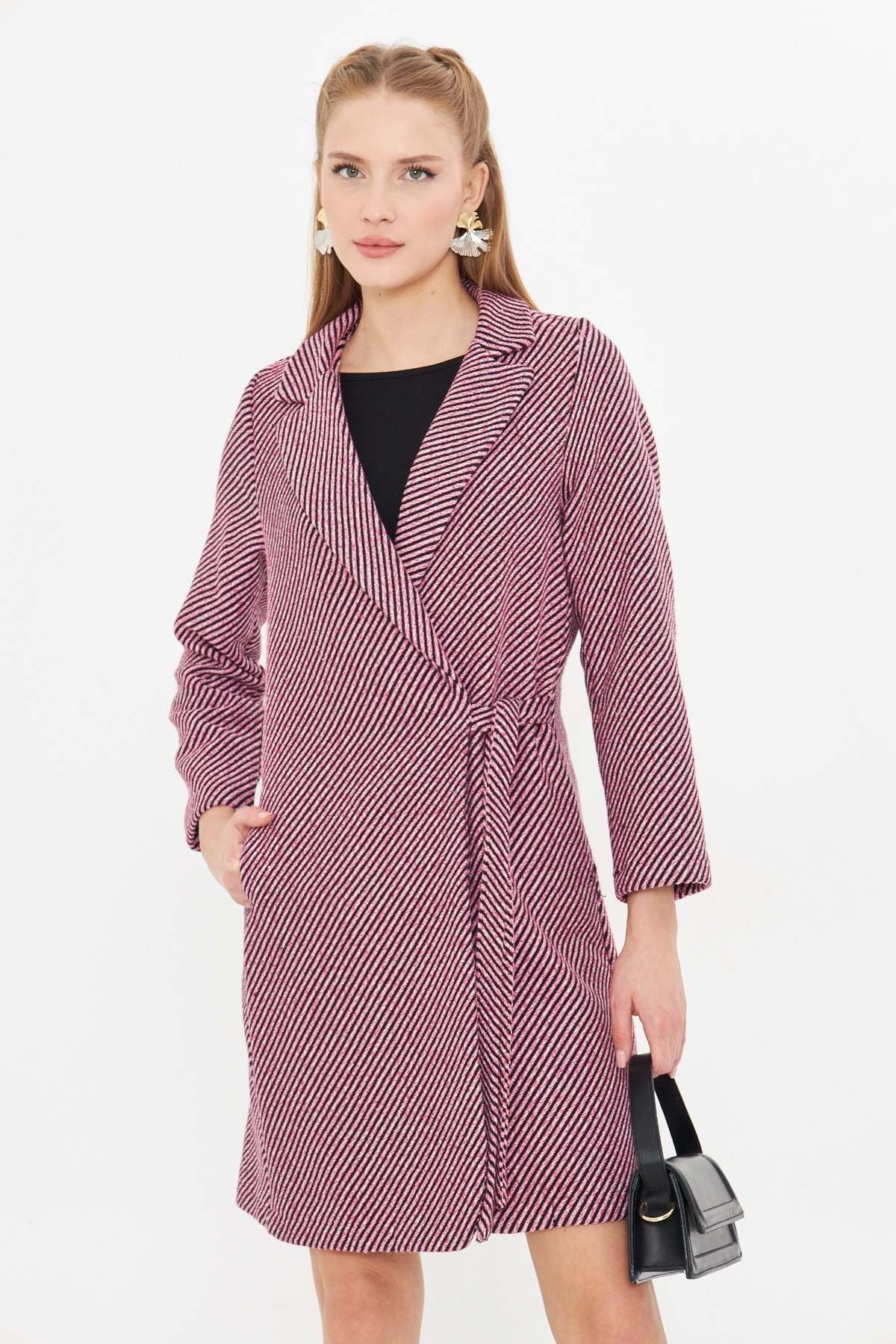 Woman Pink Side Side-Tied Pocket Long Stamp Coat ARM-25K001039