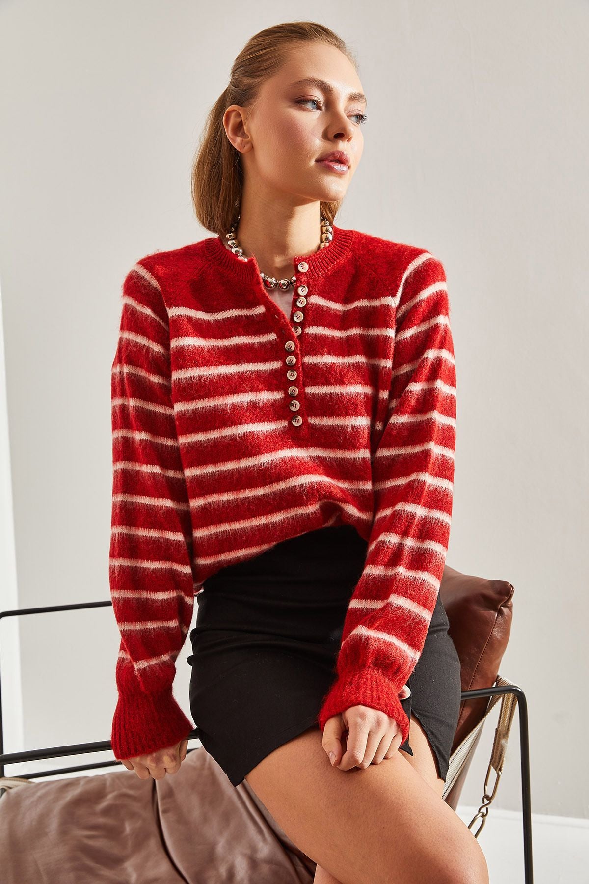 Female Shardon striped 11 button knitwear sweater