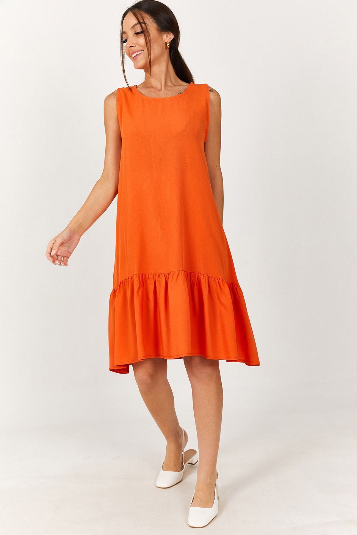 Women's Orange Sleeveless Skirt Ruffle Dress Arm-18y001156