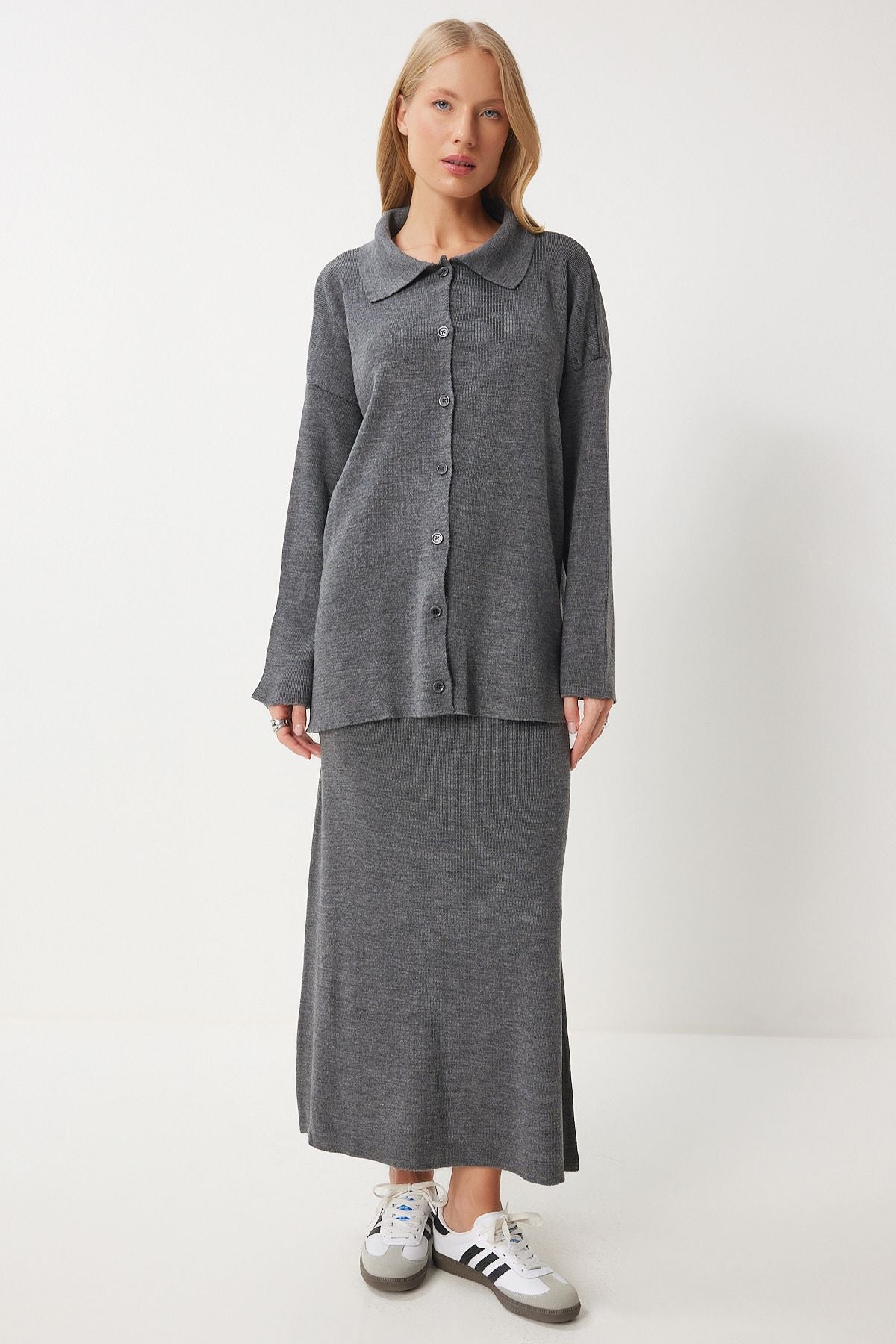 Women's Gray Polo Yaka knitwear cardigan skirt set PF00090