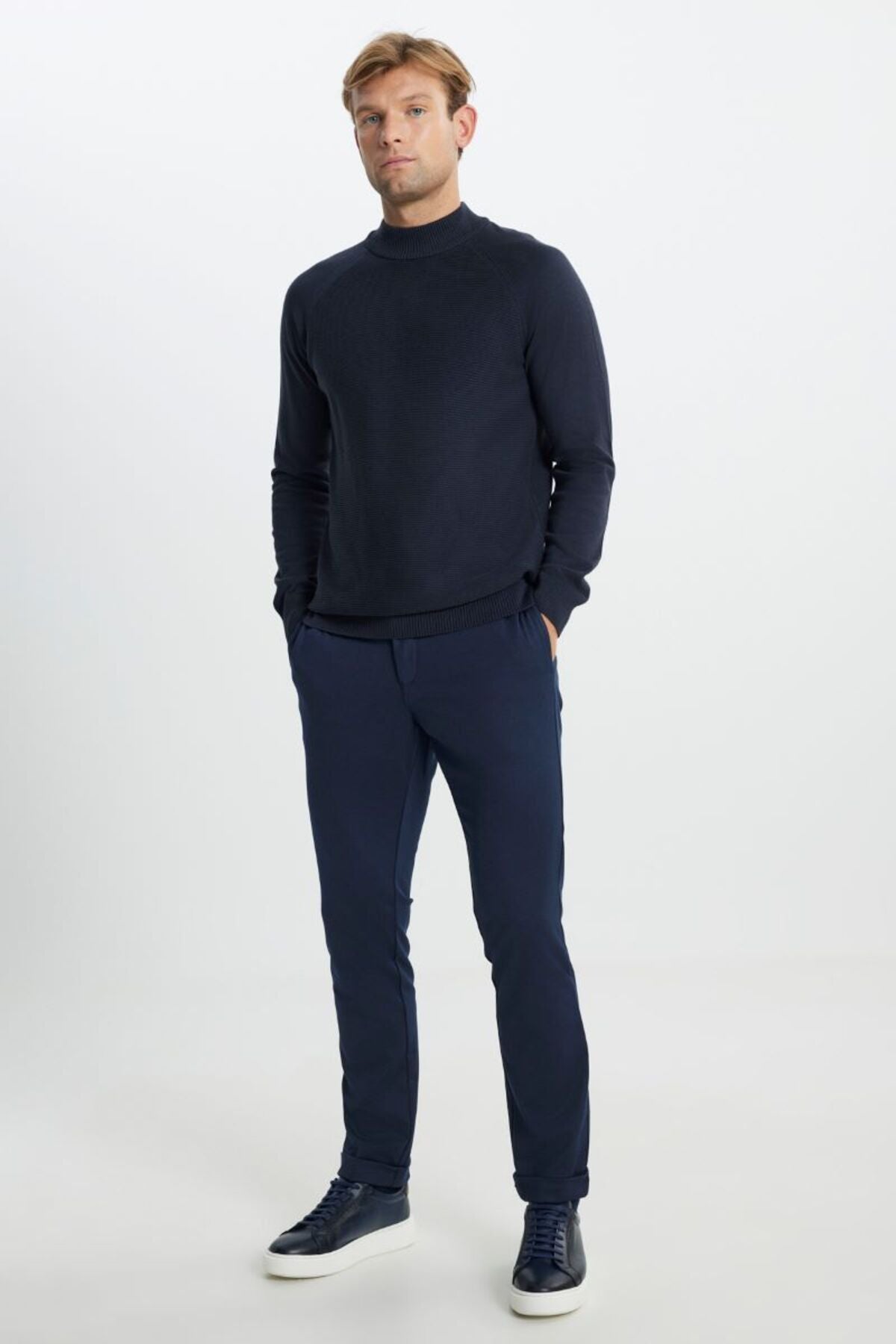 Cotton Standard Fit Normal Cut Half Fisherman Yaka Patterned knitwear navy blue sweater