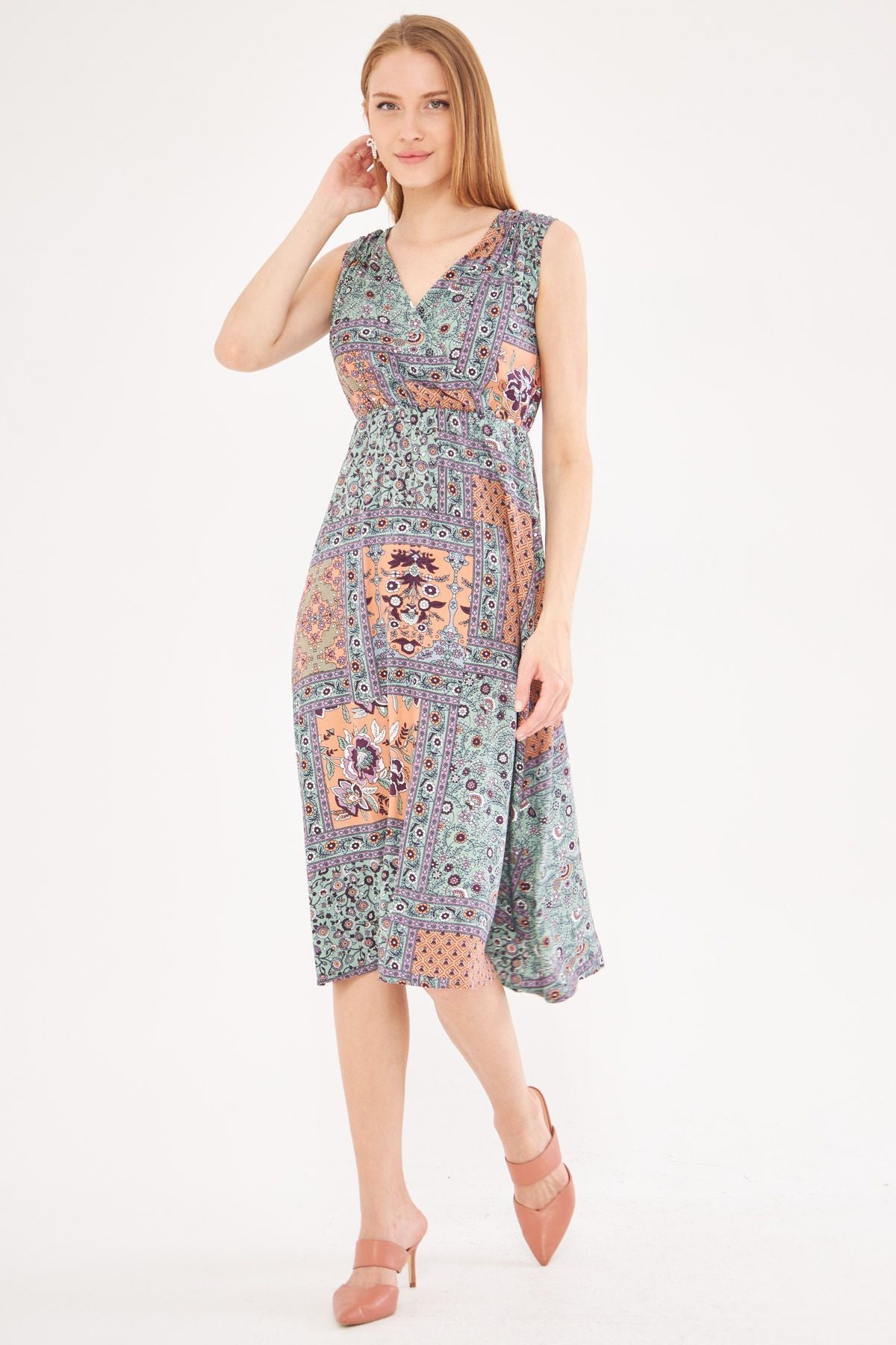Female Salmon Patterned Waist and Shoulder Cruve Cruve Midi Boy Dress ARM-24Y001052