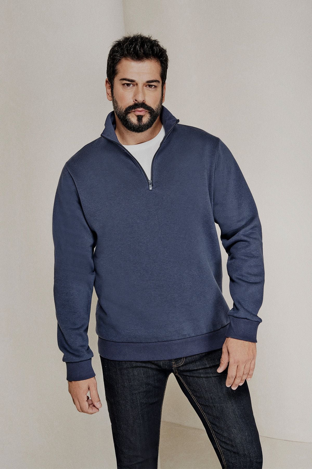 Men's Navy Blue Standard Fit Normal Cutting Içi Polar Plants Bato Yaka Cotton Sweatshirt