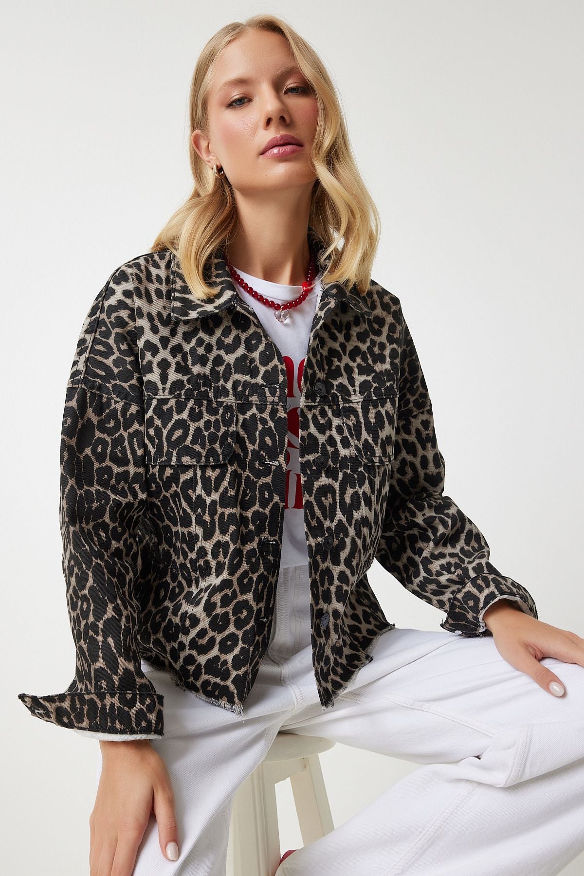 Woman Dark Beige Black Leopard Patterned Denim Jacket VC00007