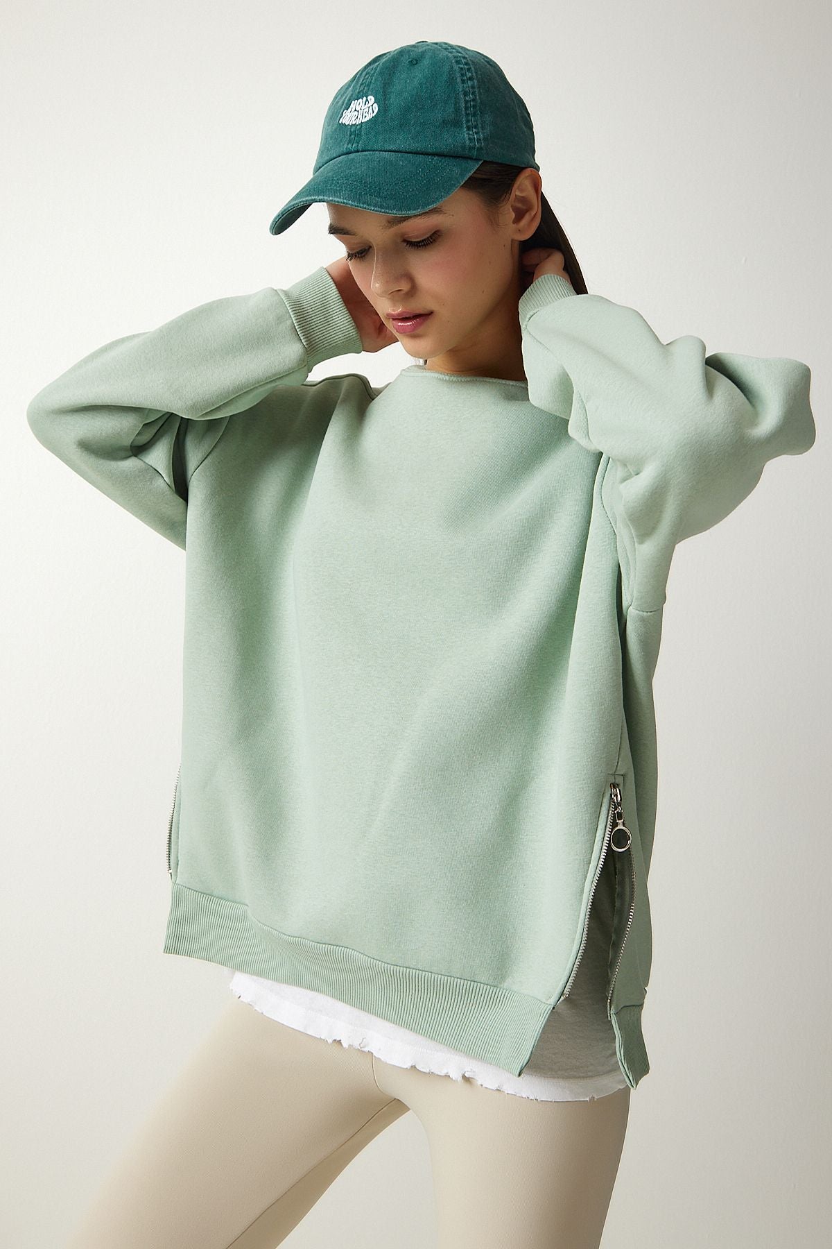 Women's Water Green Zipper Detailed Reddon Knitting Sweatshirt UB00148