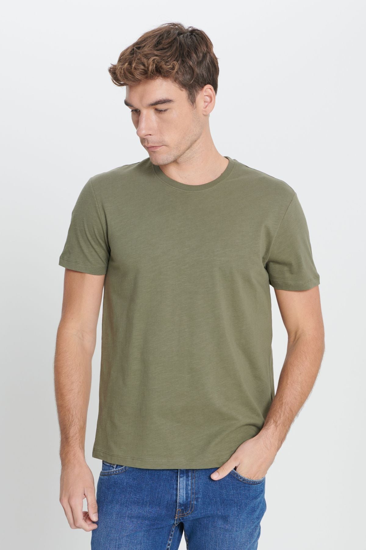 Men's Khaki Slim Fit Narrow Cut 100 %Cotton Bicycle Yaka T -shirt