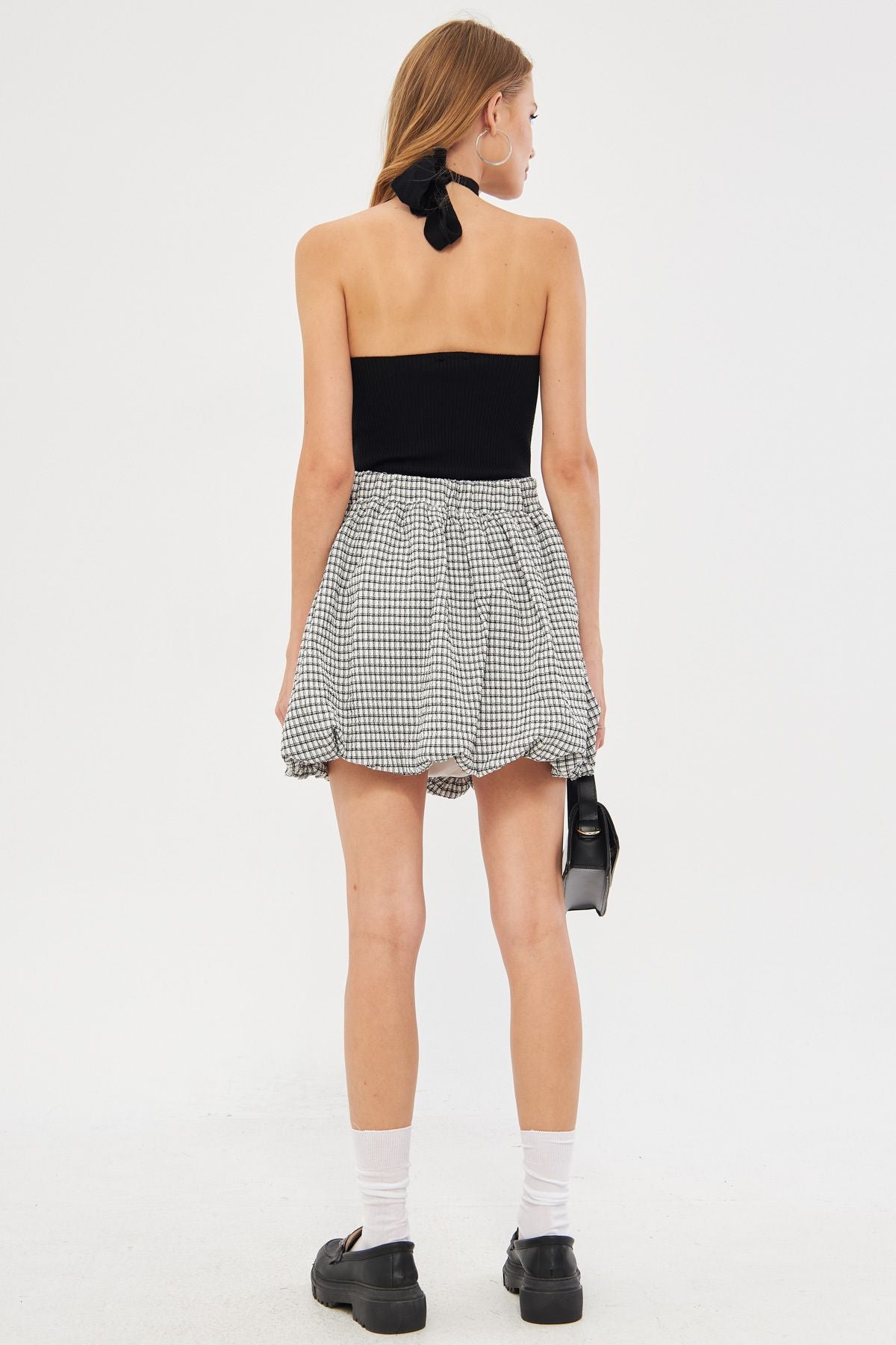 Female Black Plaid Fabric Behind Rubber Side Zippered Balloon Skirt ARM-24Y001107