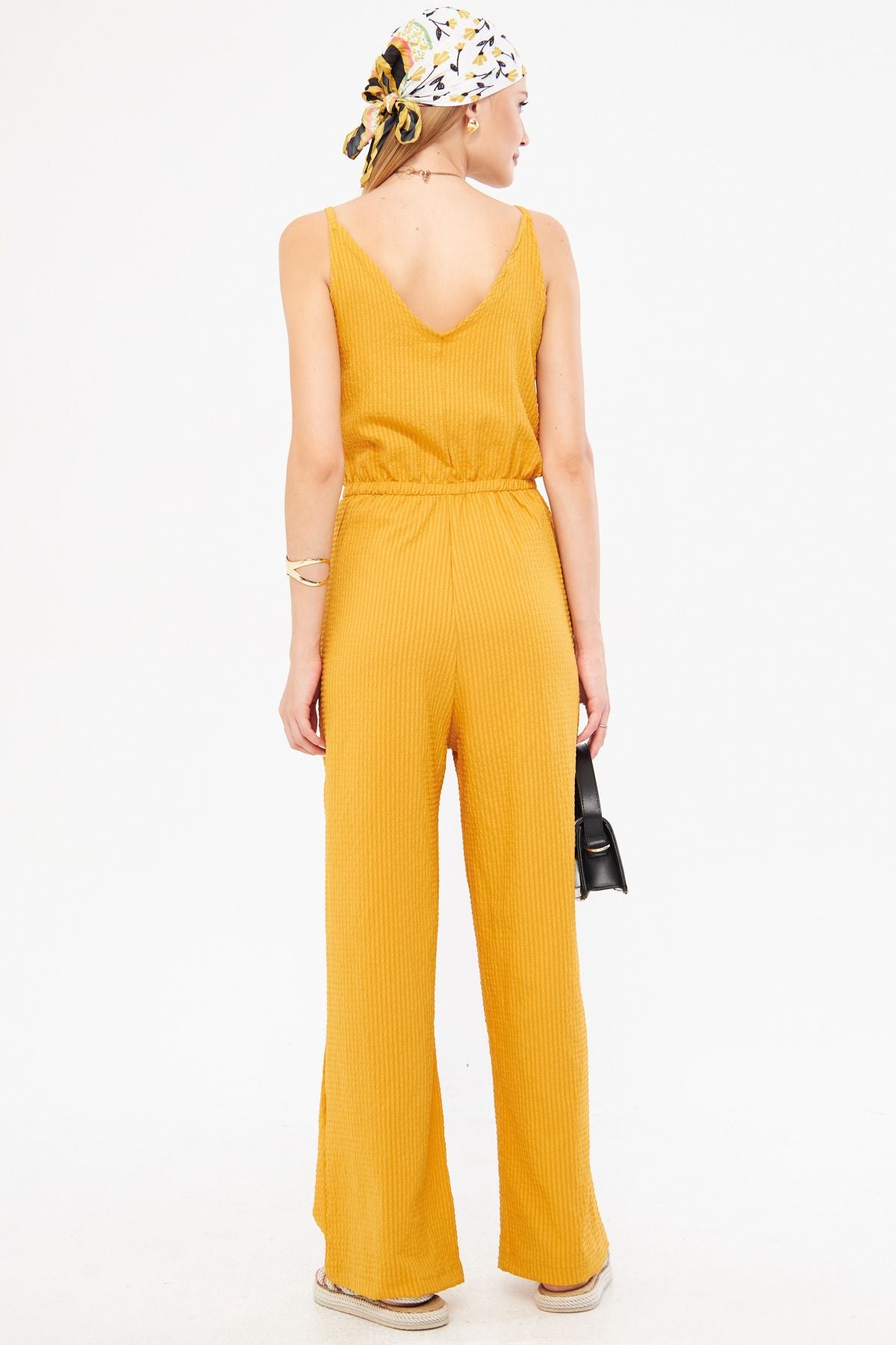 Female mustard front rear V-neck strap waist lined with lined lined overalls ARM-24Y001100