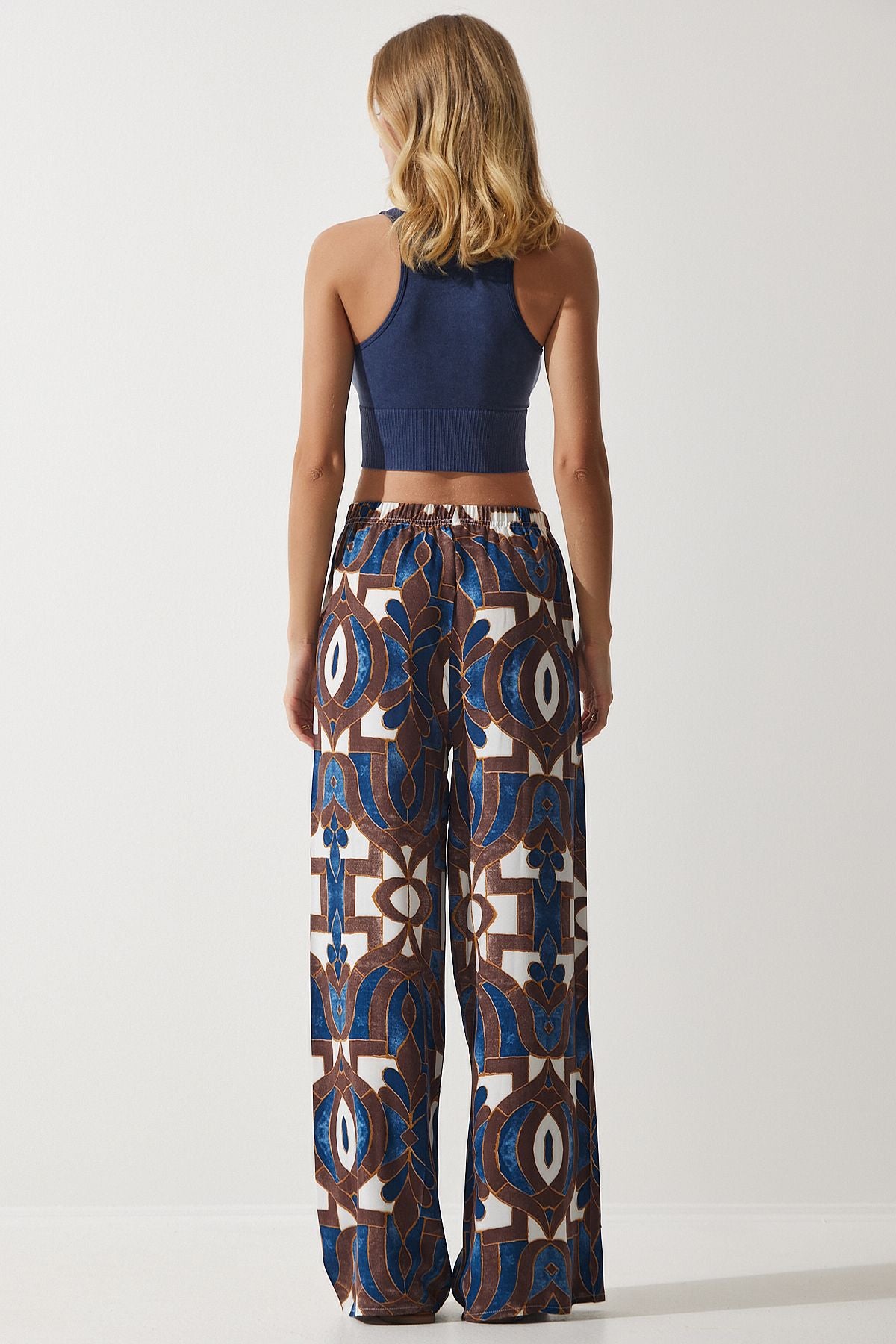 Woman Navy Blue Brown Patterned Viscose Palazzo Pants EN00606