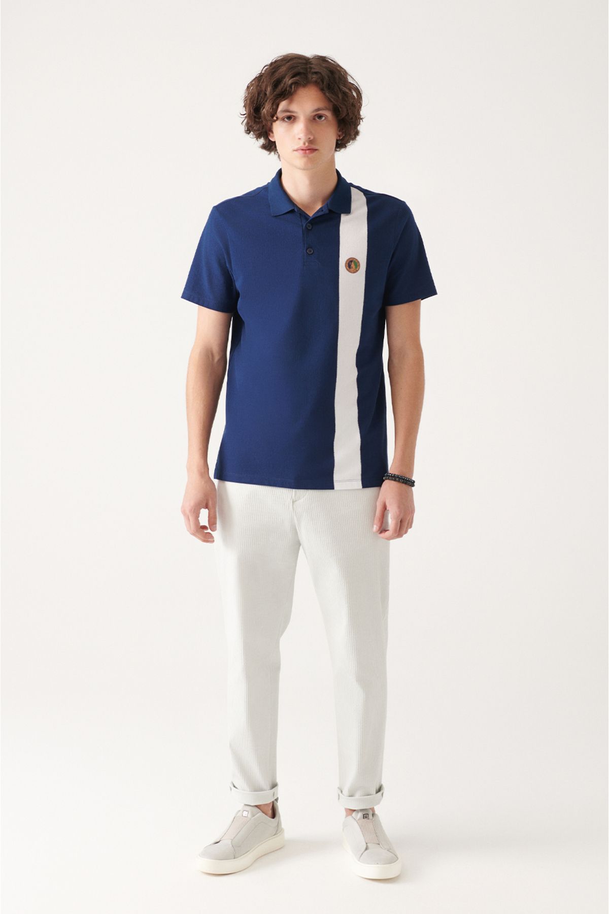 Men's navy blue polo collar cotton marinated t-shirt A31y1023