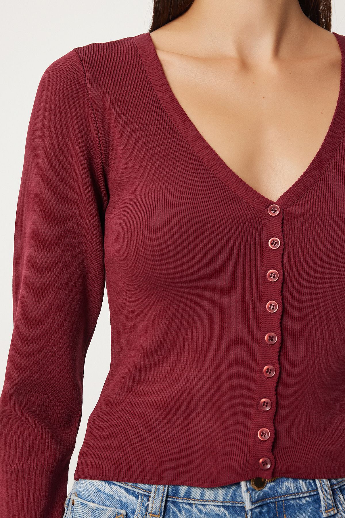 Female Bordeaux V -Yaka Knitwear Cardigan FN03356