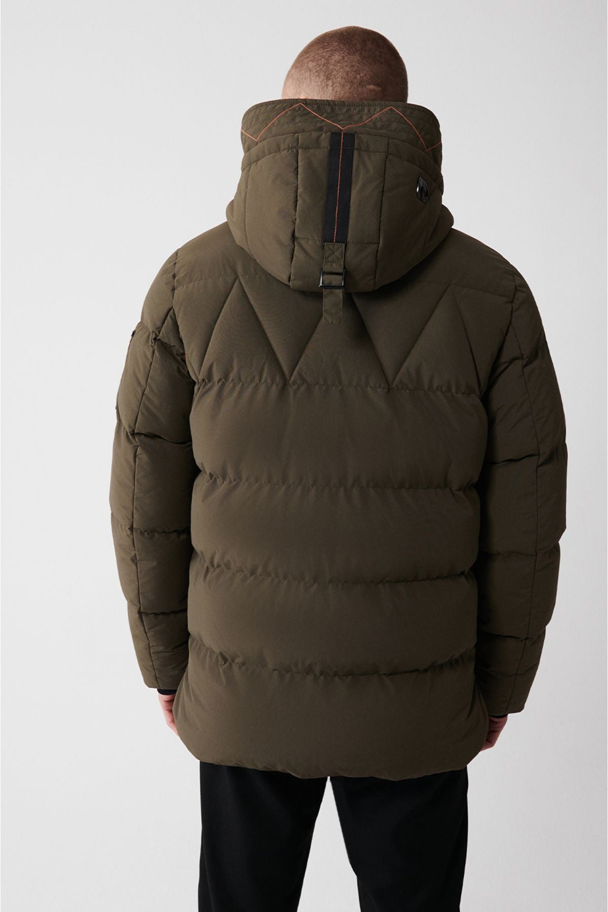 Men's Khaki Inflatable Coat Hooded Plush Detail Detail Water Driving Windproof Comfort Fit A32Y6046