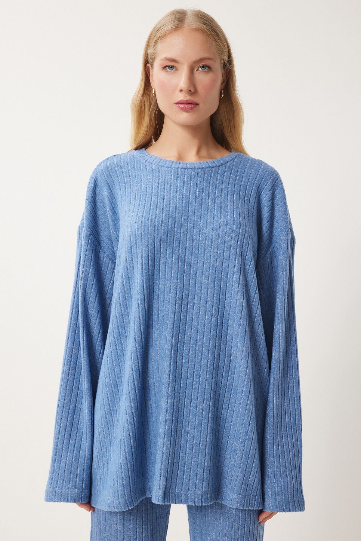 Woman Blue Casual Wick Knitting Blouse Pants Set RG00047