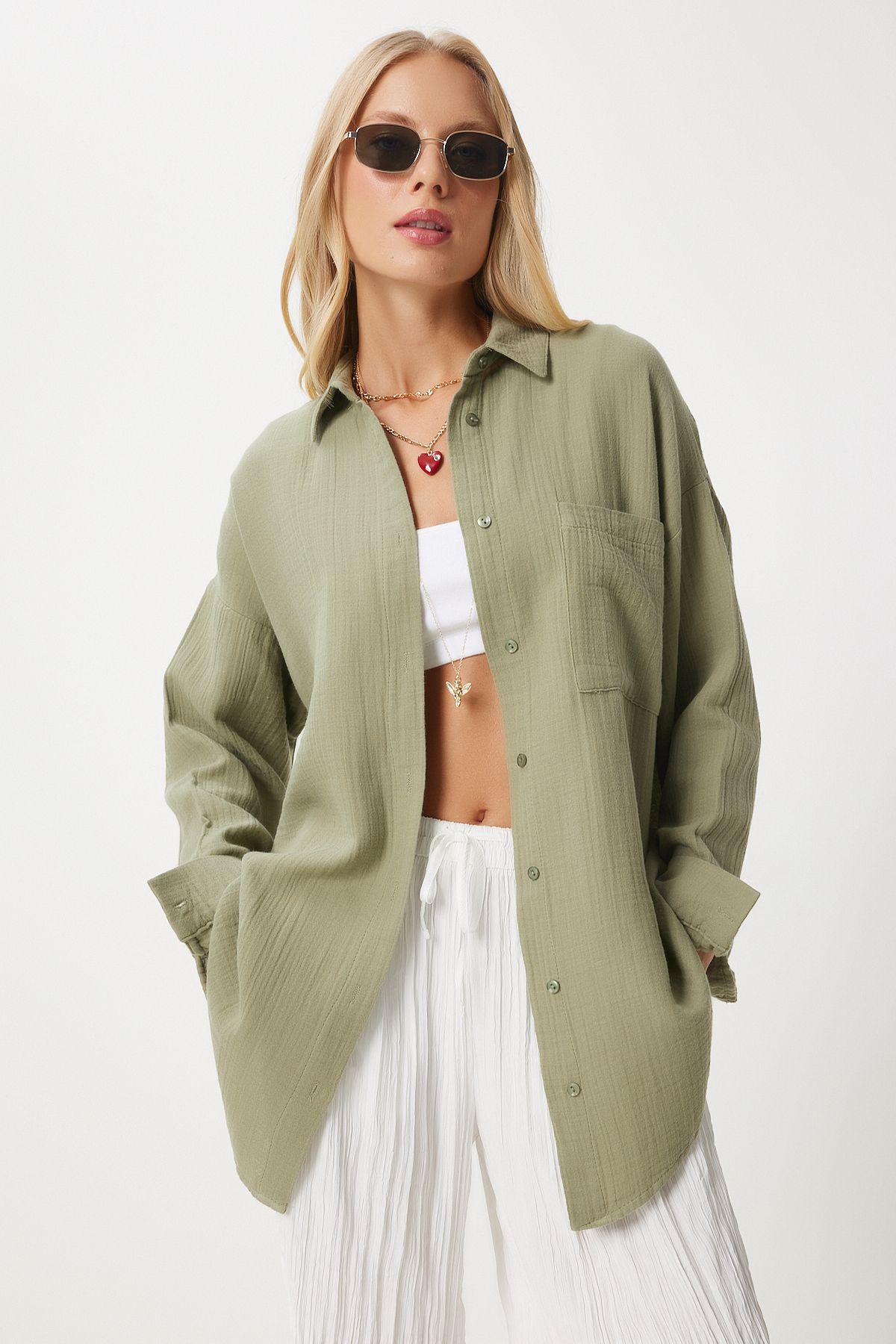 Women's Cagla Green Oversize Basic Muslin Shirt MX00150