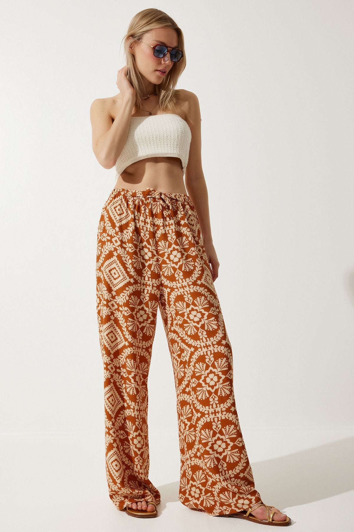 Female tile beige patterned raw linen palazzo pants BH00397
