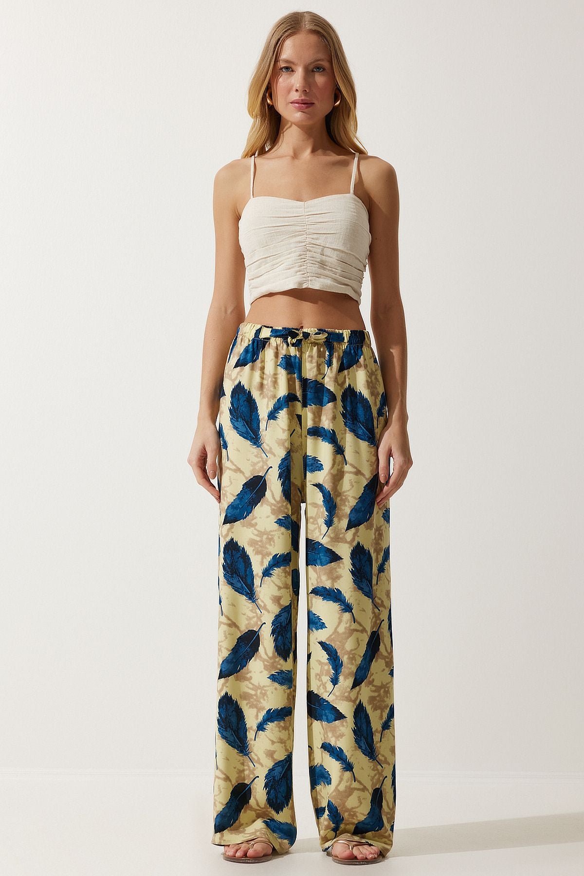 Woman Yellow Navy blue high waist summer plenty of viscose pants BH00354