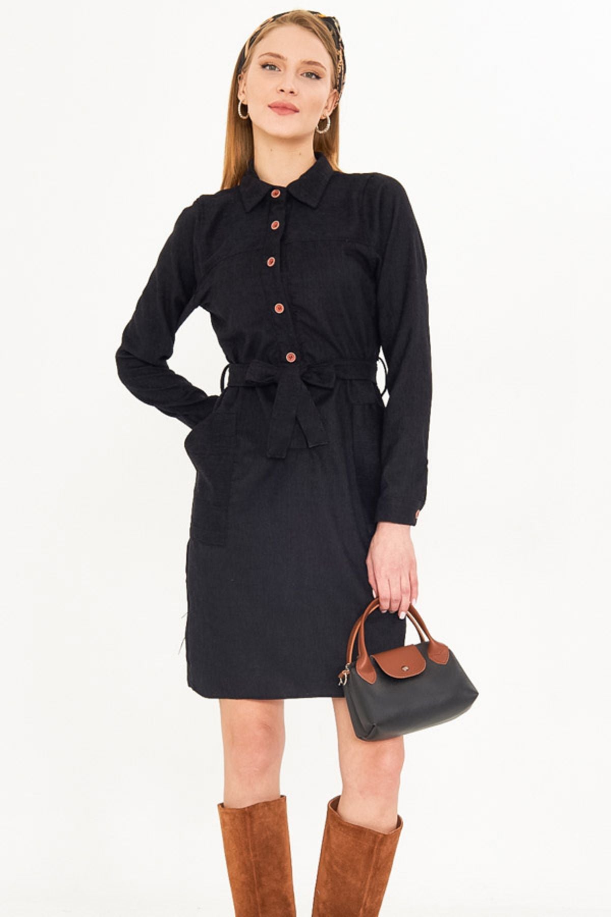 Female black front buttoned pocket belt velvet dress ARM-25K001085