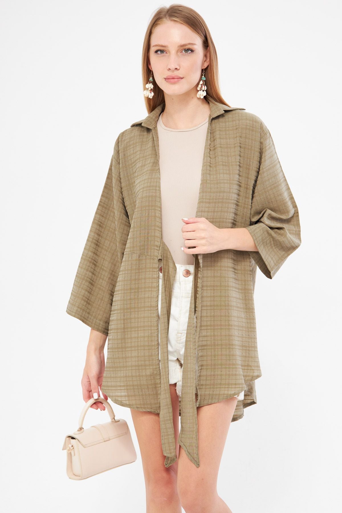 Woman Khaki Self-striped front connect Kimono Shirt ARM-24Y001101