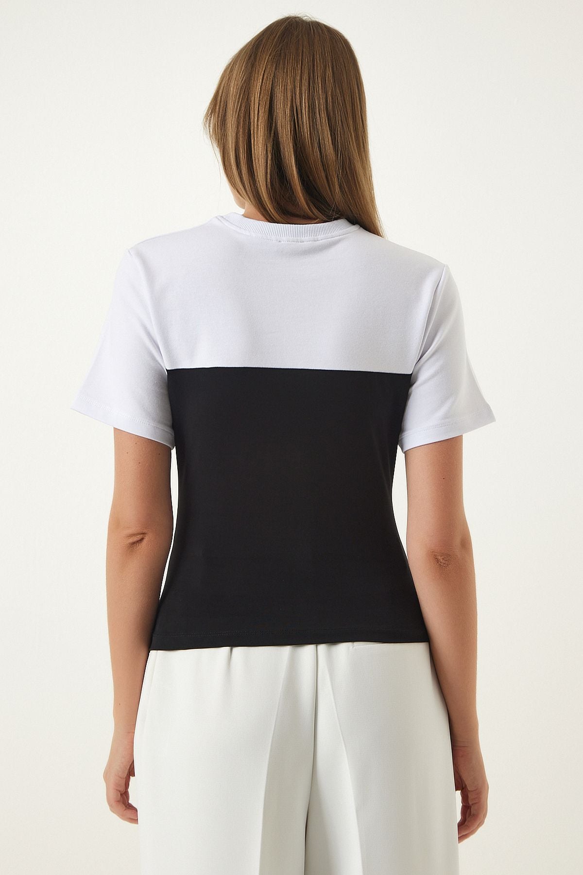 Woman White Black Bloc Colored Knitting Blouse KJ00005