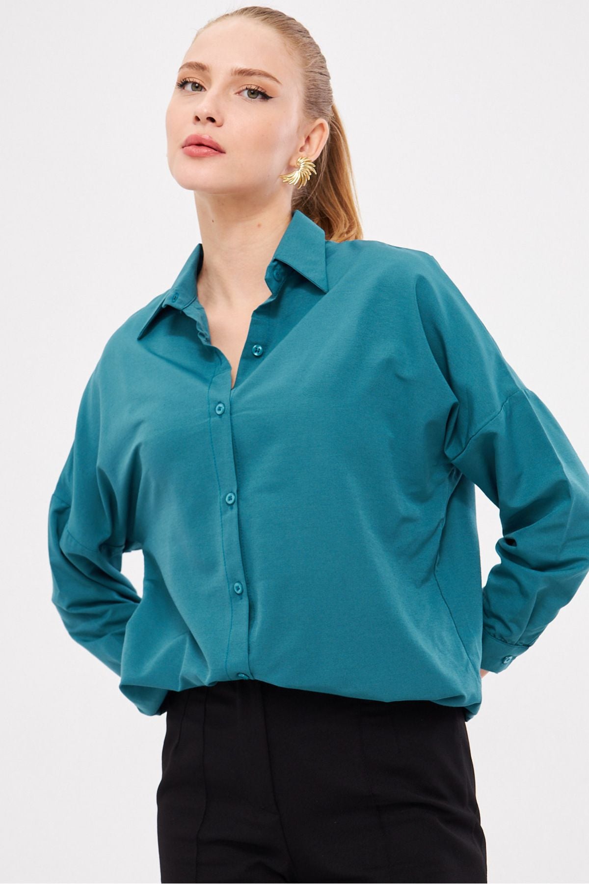 Women's Petroleum Oversize Long Basic Shirt ARM-221118