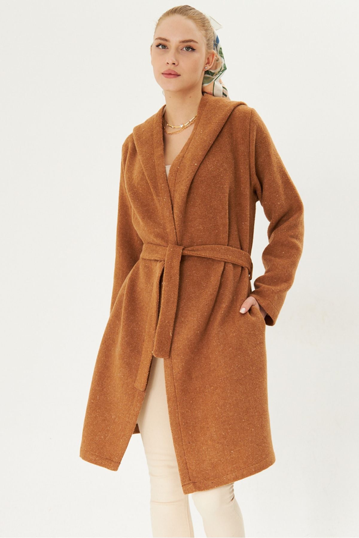 Woman Taba Hooded Waist Tie Mobile Detailed Coat Arm-25k001054