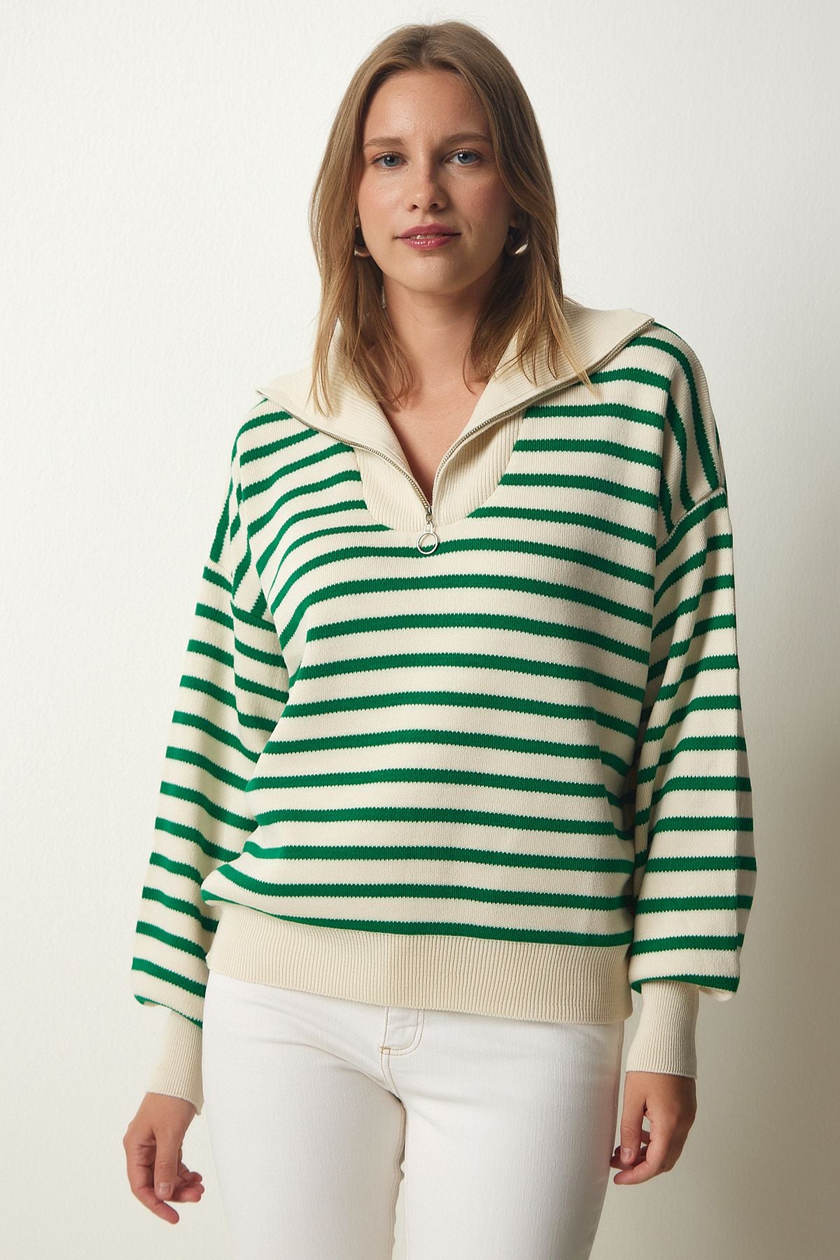 Women's Cream Green Striped Zippered Yaka Knitwear Sweater PF00039