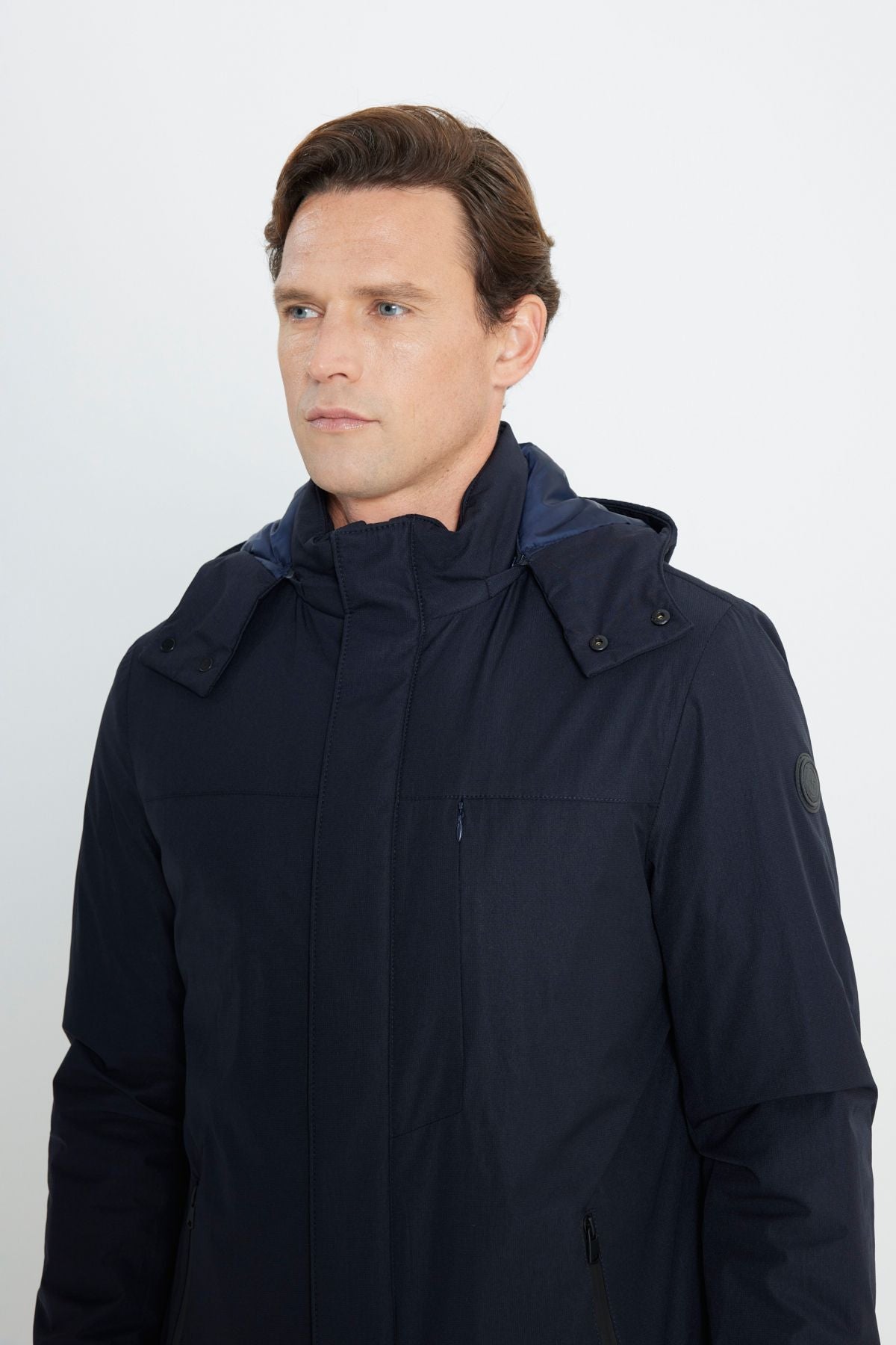 Men's Navy Blue Standard Fit Normal Cutting Hooded Coat