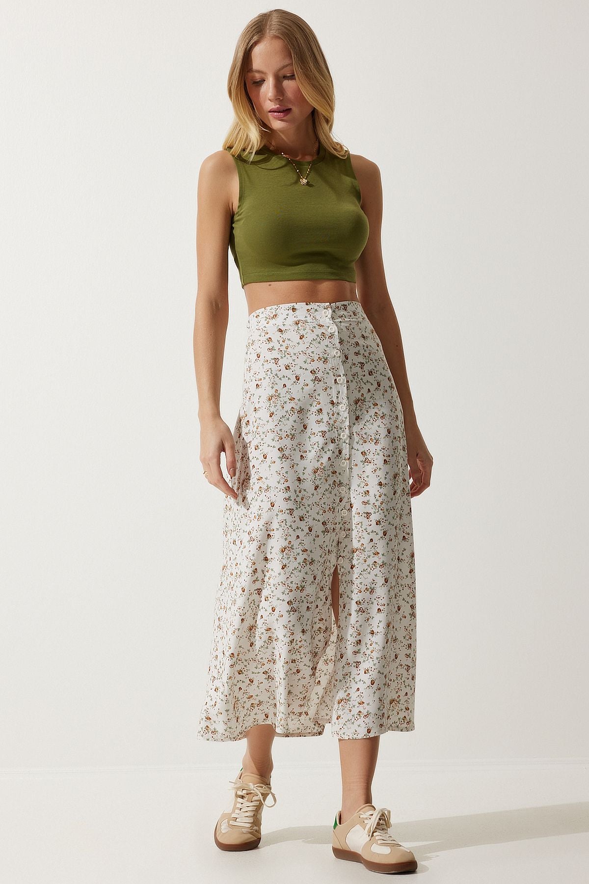 Female ecru patterned slit viscose skirt UB00246