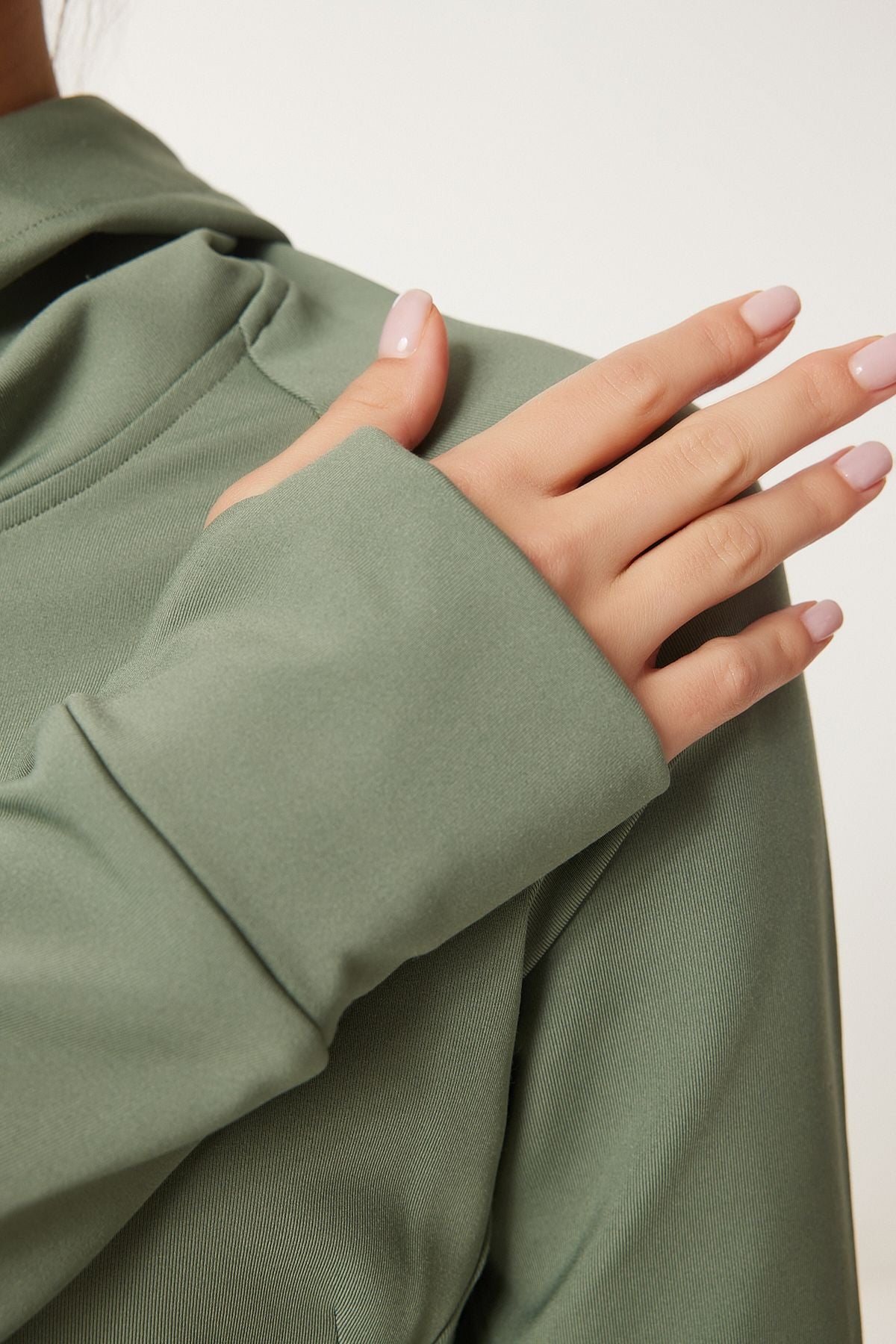 Female Khaki Finger Detailed Hooded Zipper Knitting Sweatshirt VX00007
