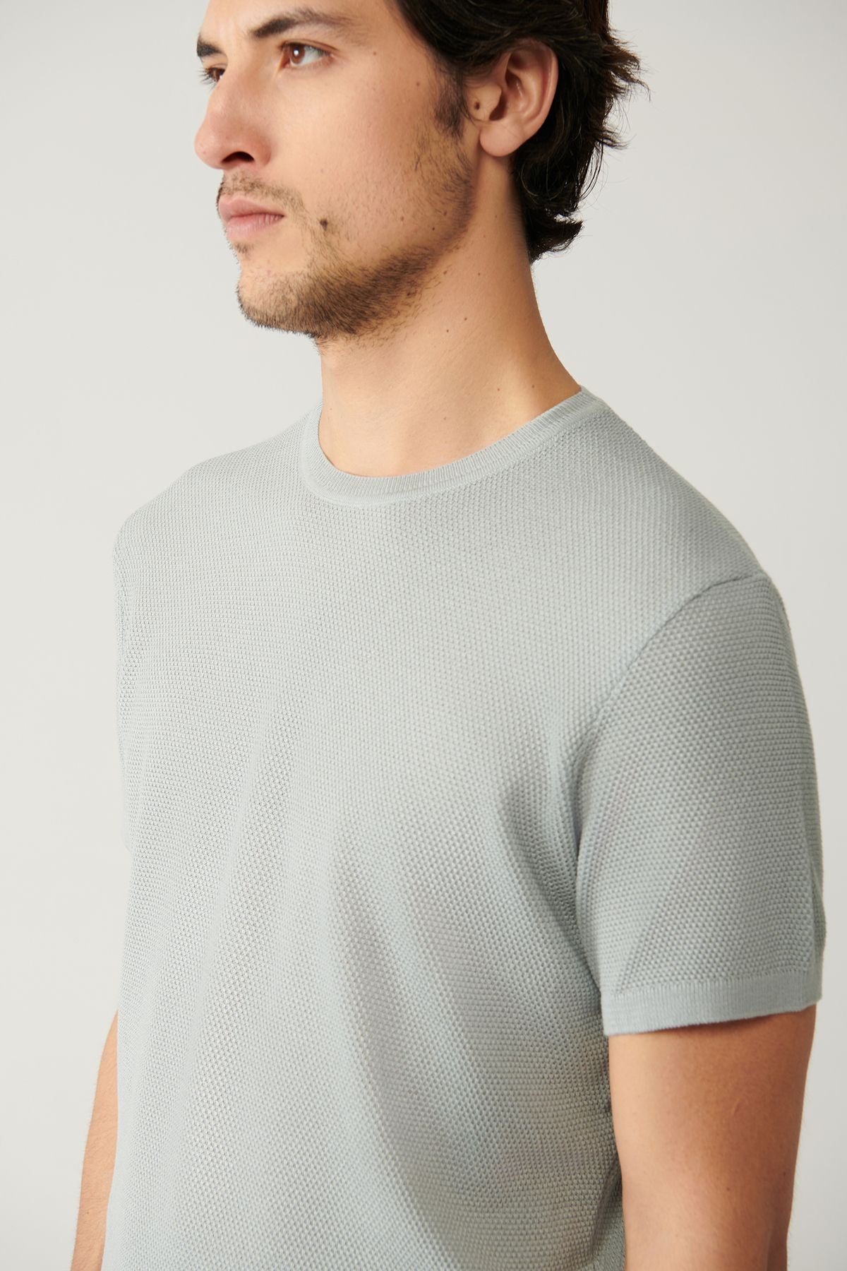 Men's gray bike collar textured cotton knitwear T-shirt E005027