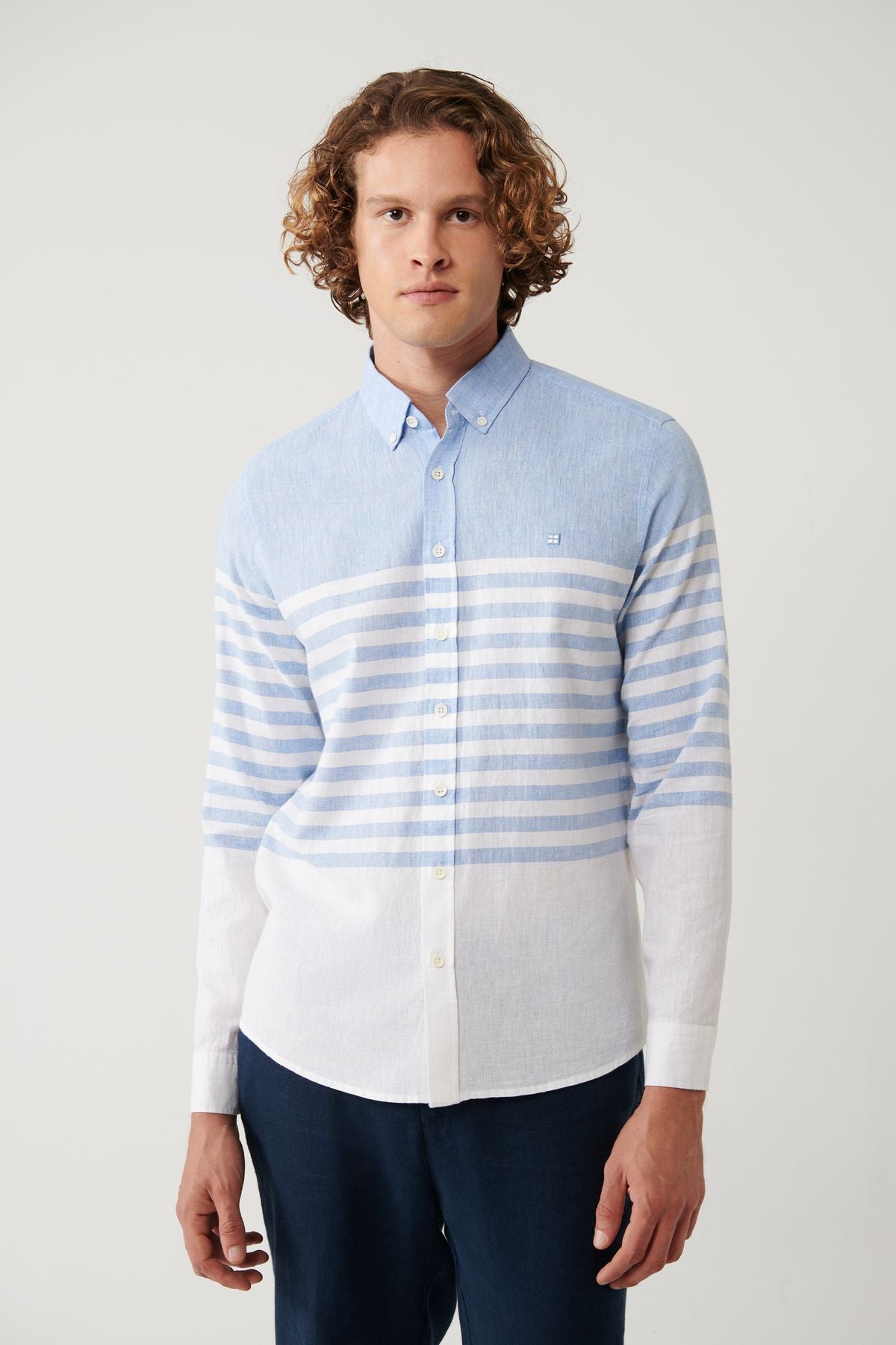 Men's blue button collar panel striped shirt A41y2190
