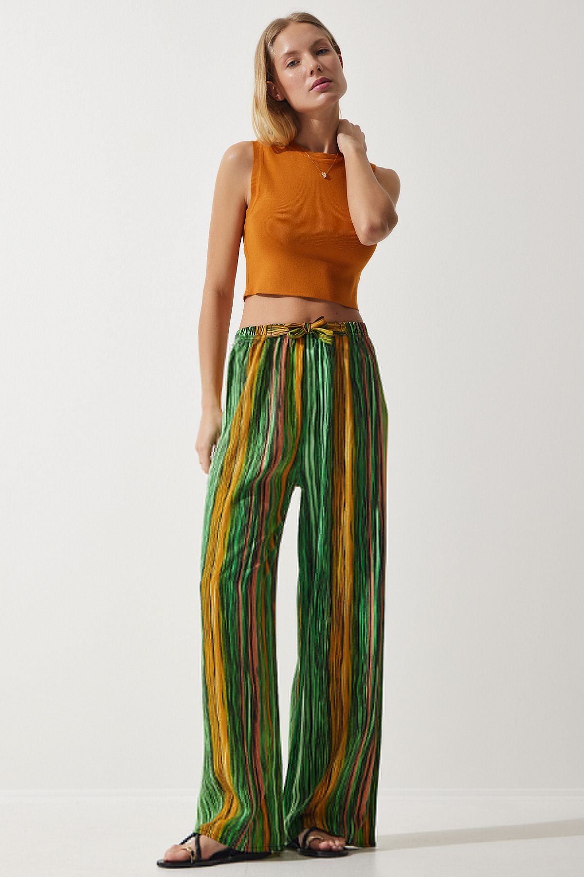 Female Green Yellow Patterned Viscose Palazzo Pants EN00606