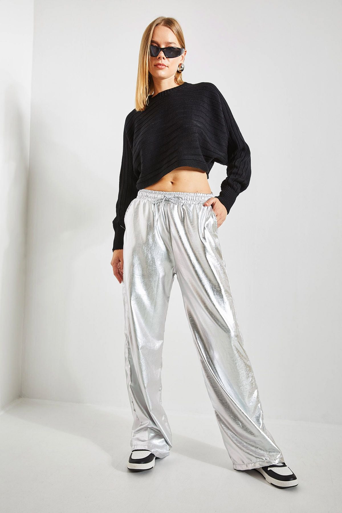 Women's waist rubber palazzo metallic coated pants