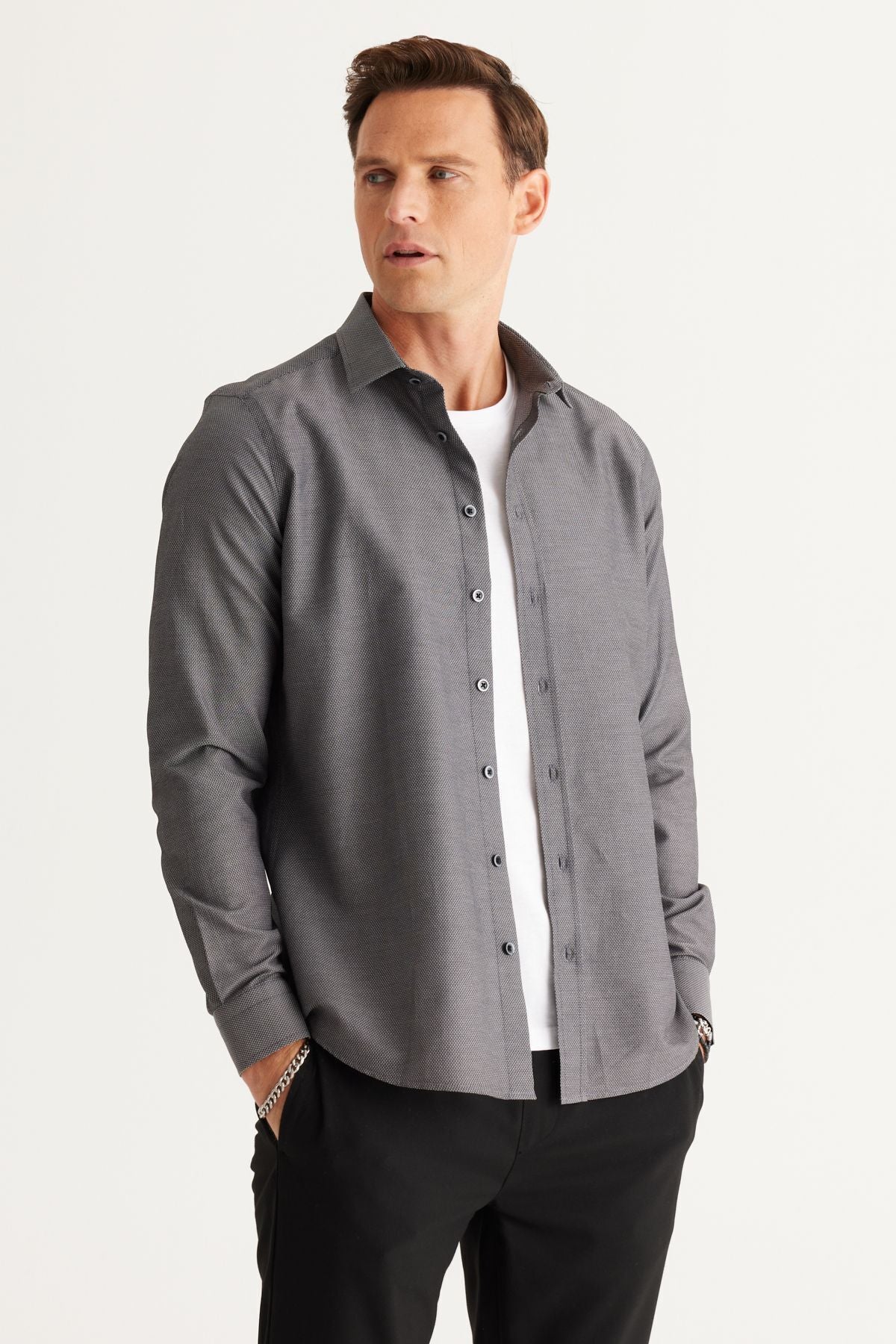 Men's black slim fit narrow -cut classic collar Amesticated cotton shirt