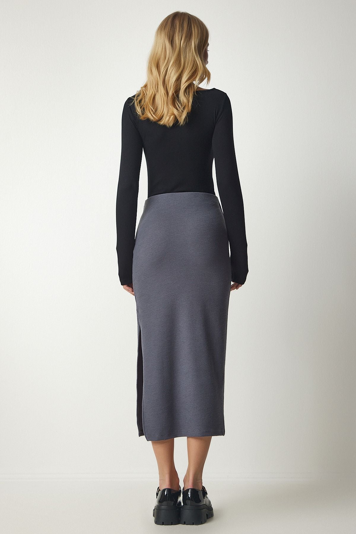 Woman Dark Gray Slit Knitting Pencil Skirt MC00230