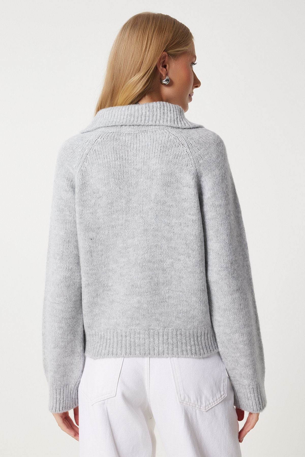 Women's Gray Stylish Bow Stone Button Polo Yaka Cardigan PF00094