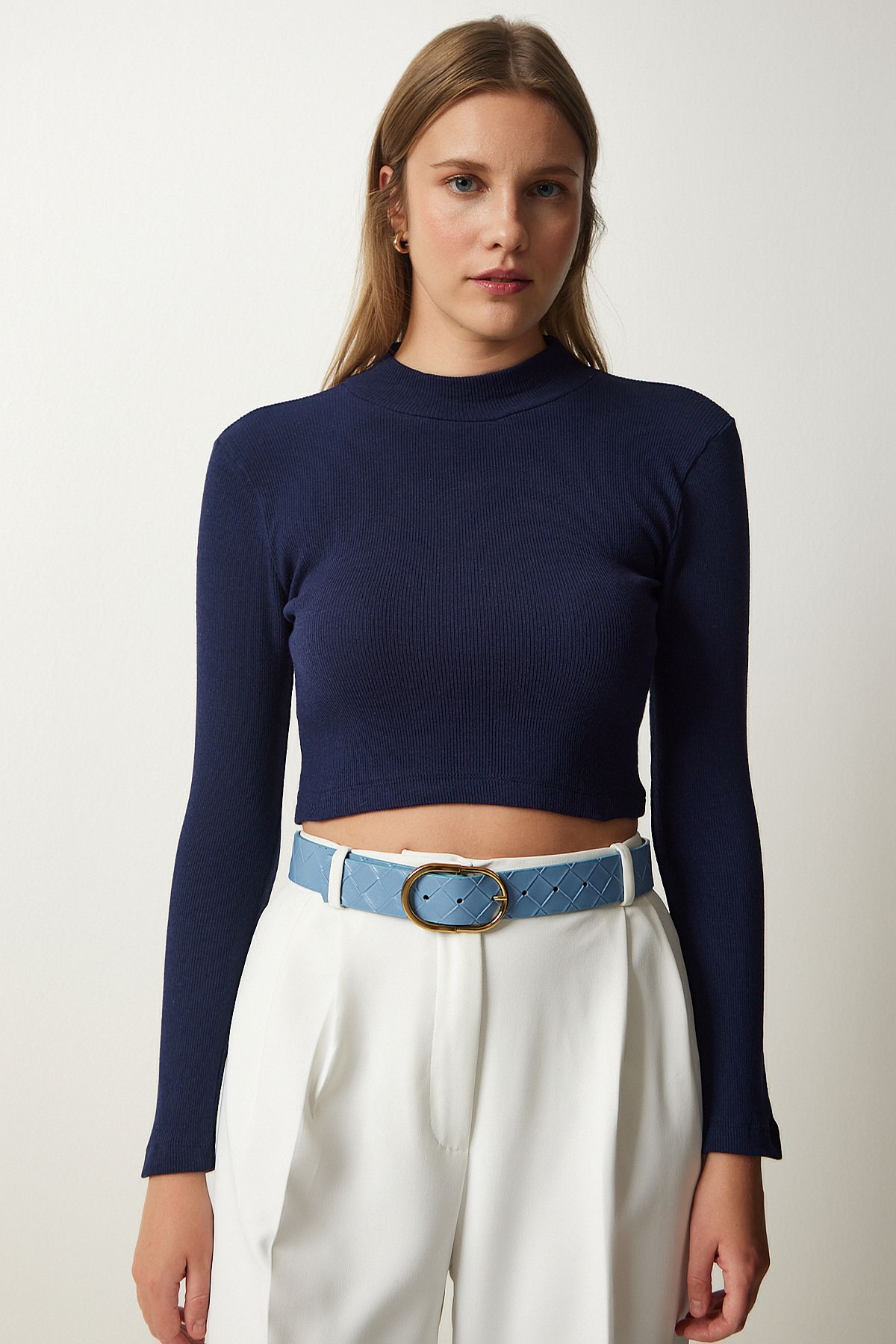Female Navy Blue Fishing Fisherman Crop Knitting Blouse GT00059