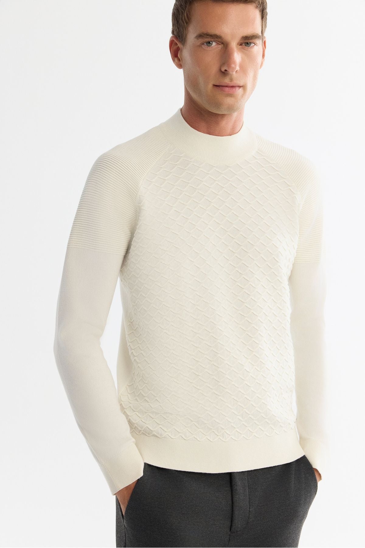 Men's Ecru Half Fisherman Yaka Soft Touch Knitwear A42Y5023