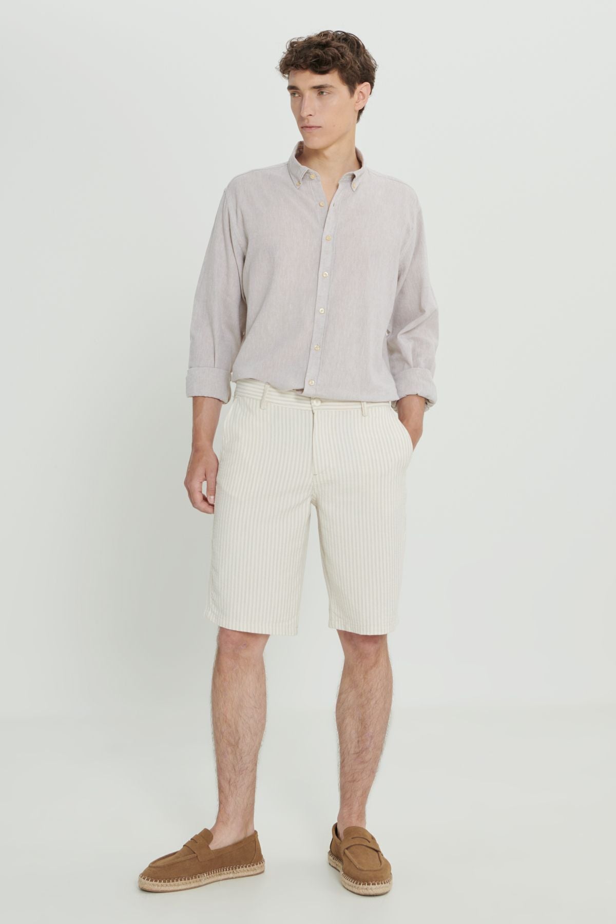 Men's Gray-Ekru 100 %Cotton Linen-Looks Comfort Fit Fit Casual Cut Stratched Side Pocket Shorts