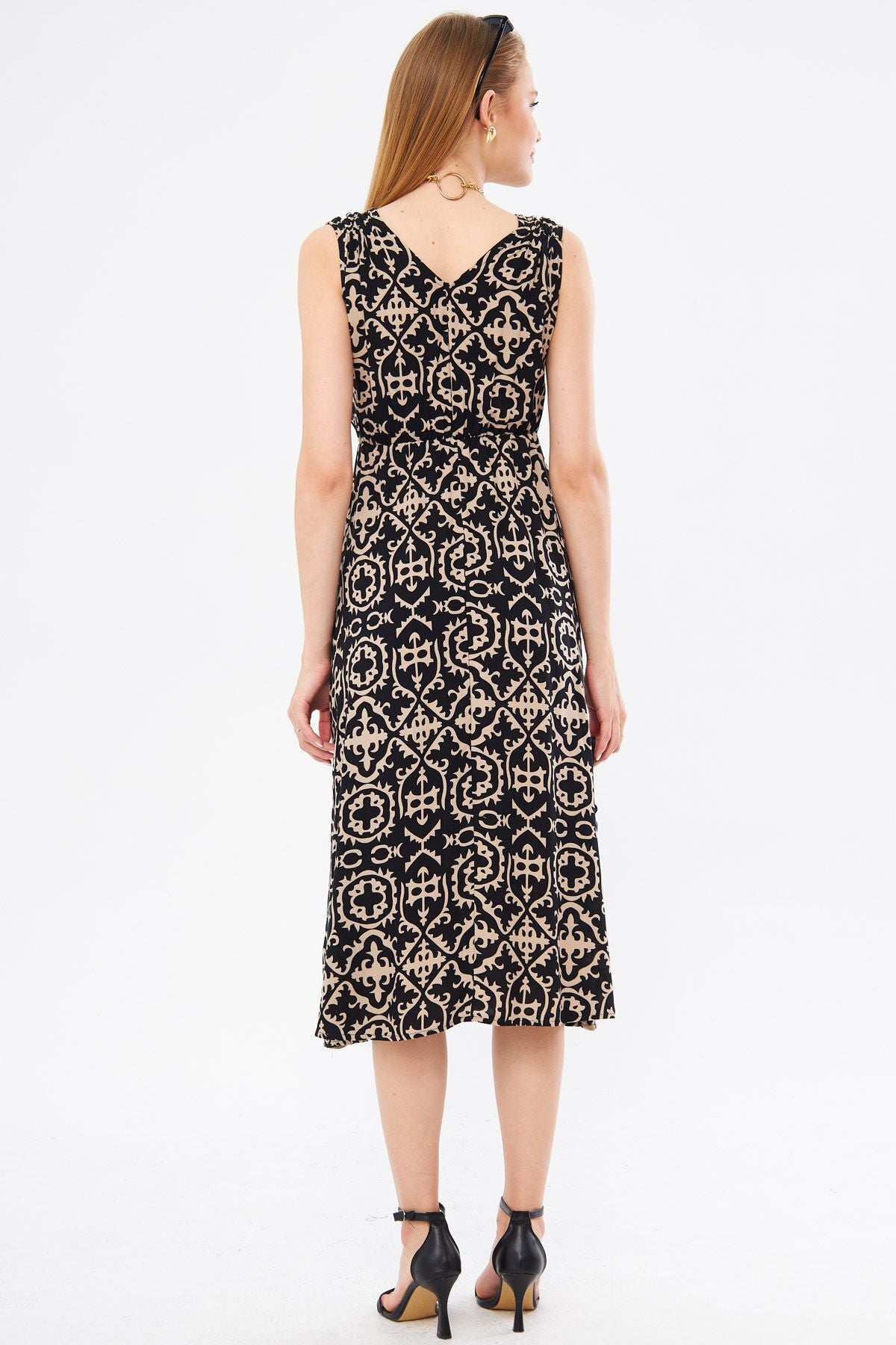 Female Black Patterned Waist and Shooter Cruve Cruve Yaka Midi Skirt Dress ARM-24Y001052
