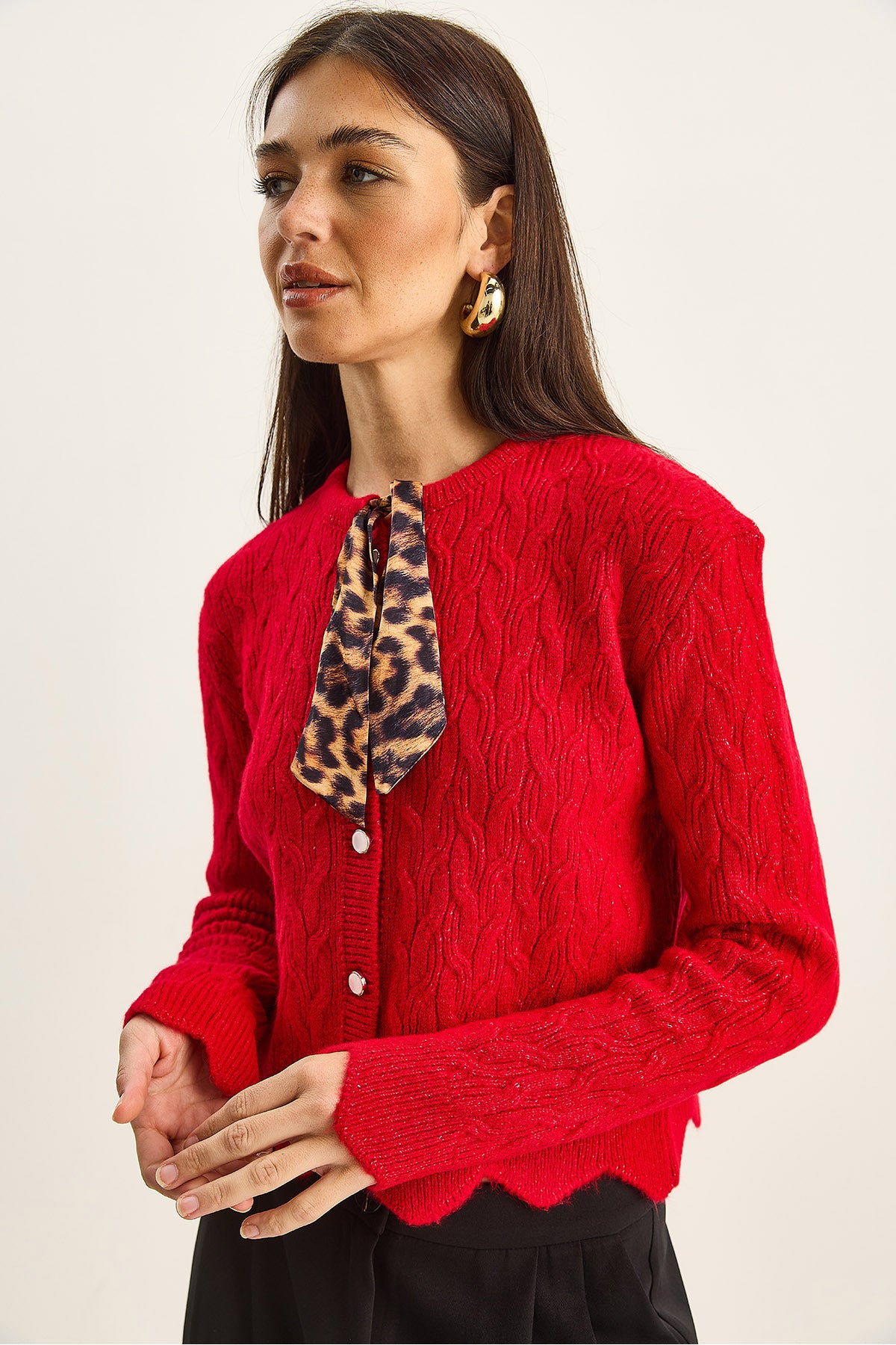 Women's Braided Scarf Detailed Buttoned Cardigan TH241026 60251873